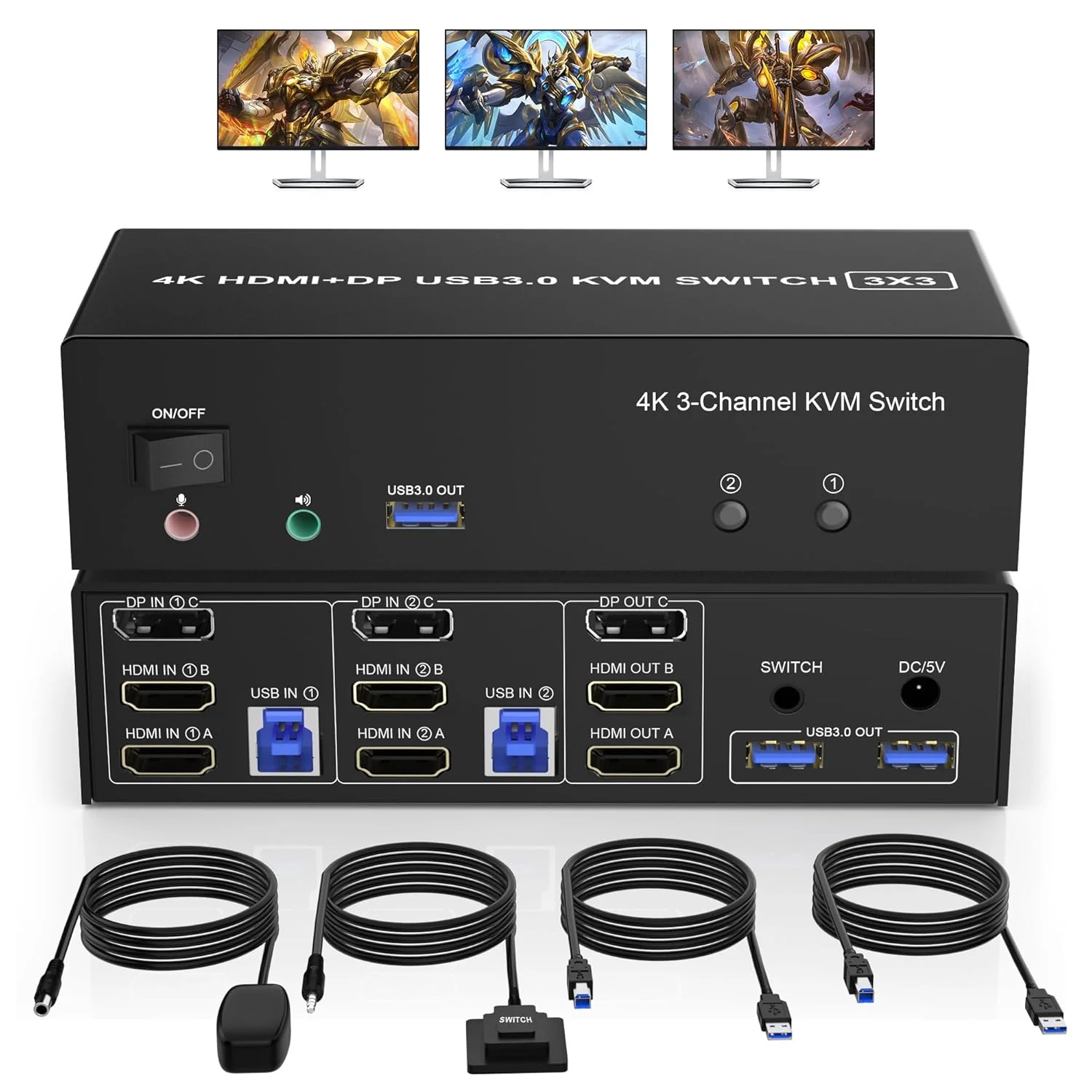 سوئیچ KVM با 2 پورت HDMI + 1 پورت DisplayPort، پشتیبانی از 3 مانیتور برای 2 کامپیوتر، سوئیچ KVM سه مانیتوره 4K@60Hz با صدا و 3 پورت USB 3.0، اشتراک 3 مانیتور، کیبورد و ماوس بین 2 کامپیوتر