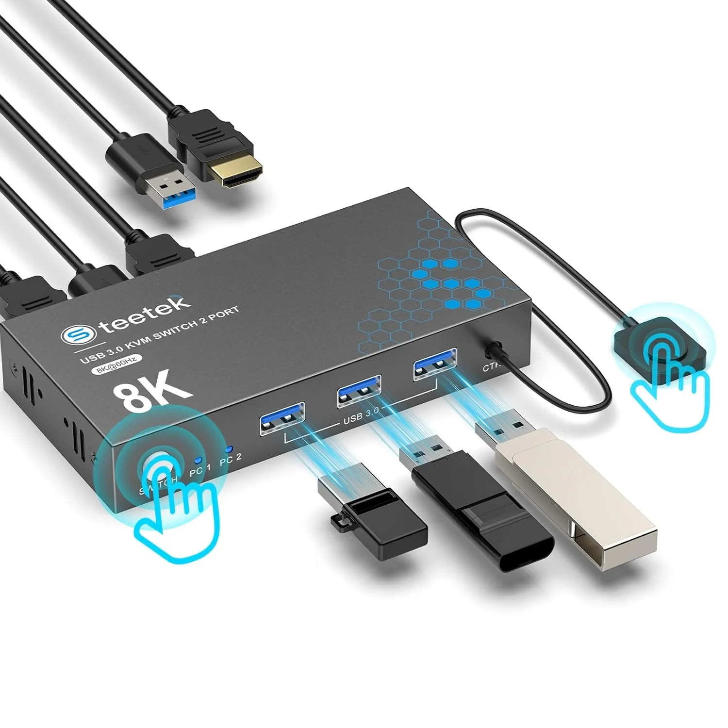 سوئیچ KVM یو اس بی 3.0 به HDMI با پشتیبانی از 1 مانیتور و 2 کامپیوتر، سوئیچ KVM با رزولوشن 8K@60Hz برای به اشتراک گذاری مانیتور، کیبورد، ماوس، هارد درایو و پرینتر بین 2 کامپیوتر، با قابلیت EDID Adaptive، همراه با 2 کابل USB و کنترلر.