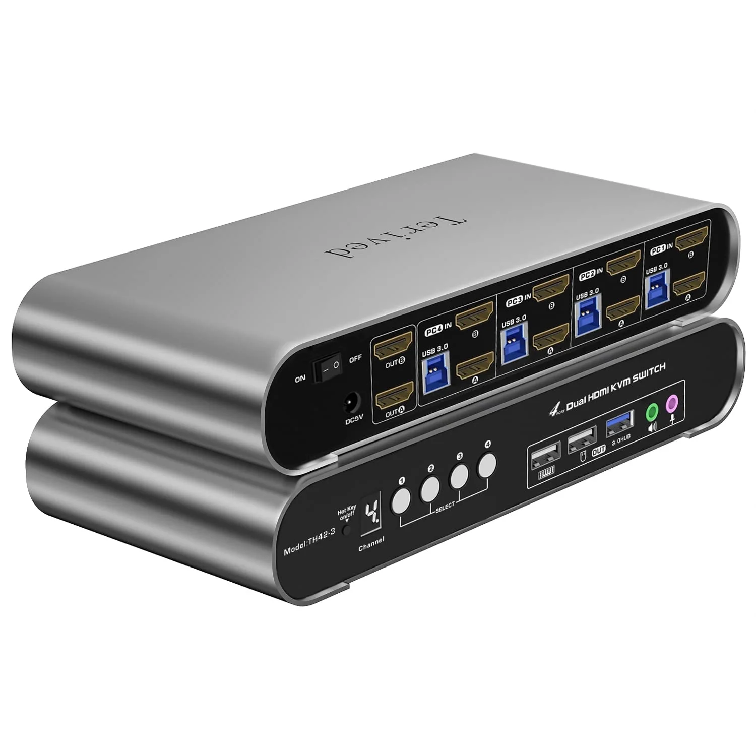 سوئیچ KVM یو اس بی 3.0 HDMI با پشتیبانی از 4 کامپیوتر و 2 مانیتور 4K@60Hz، مانیتور دوگانه، کلید میانبر و سوئیچینگ خودکار، بدنه آلومینیومی، EDID، HDR10، صدا/میکروفون یو اس بی 3.0، پشتیبانی از ویندوز/مک/لینوکس، شامل کابل