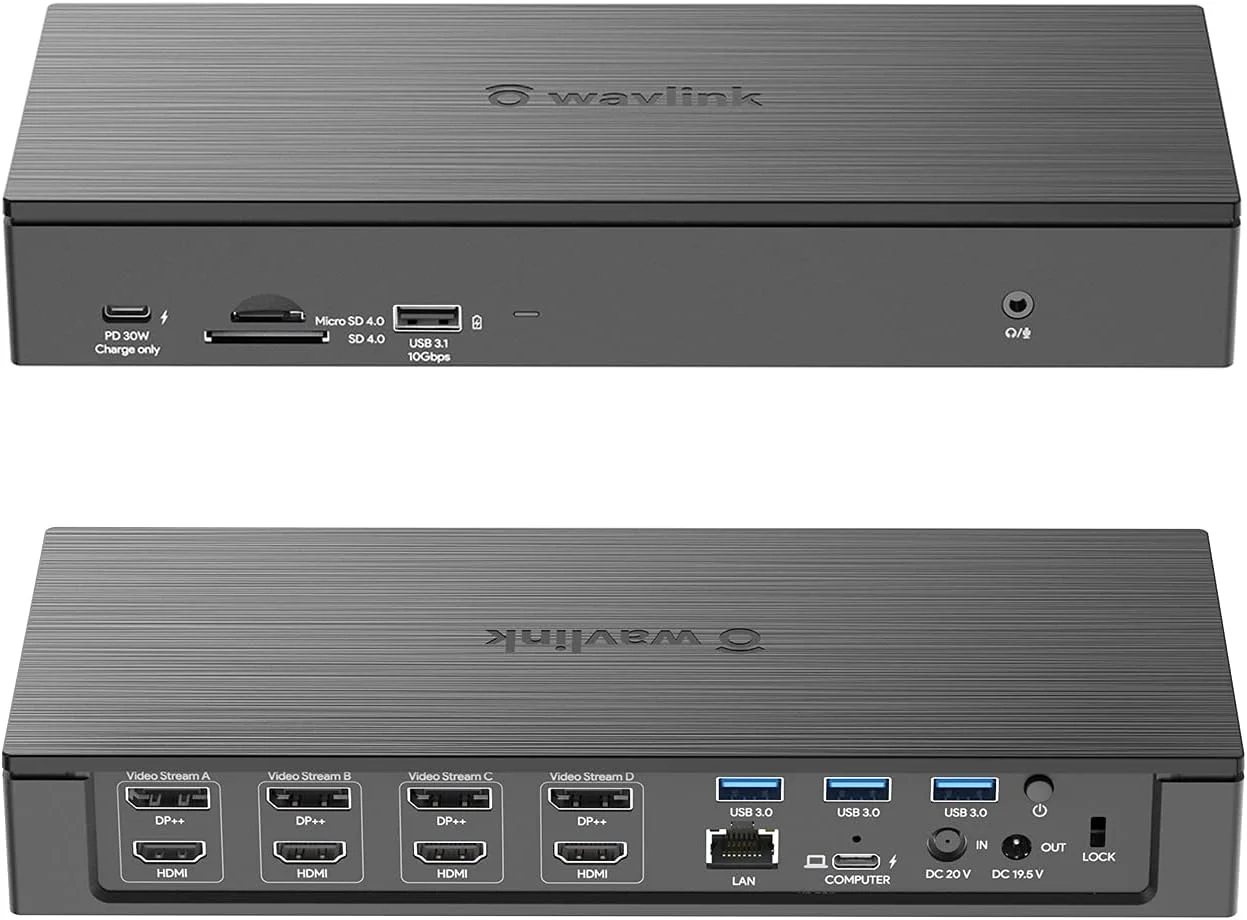 داک استیشن لپ تاپ WAVLINK DisplayLink - چهار مانیتور 5K/4K@60Hz، شارژ 100W - Thunderbolt 4/3، USB-C/A - M1 M2 Mac/Windows/Chrome/Ubuntu - 4 HDMI، 4 DP، توان 180W، SD 4.0 CR، LAN 2.5Gbps