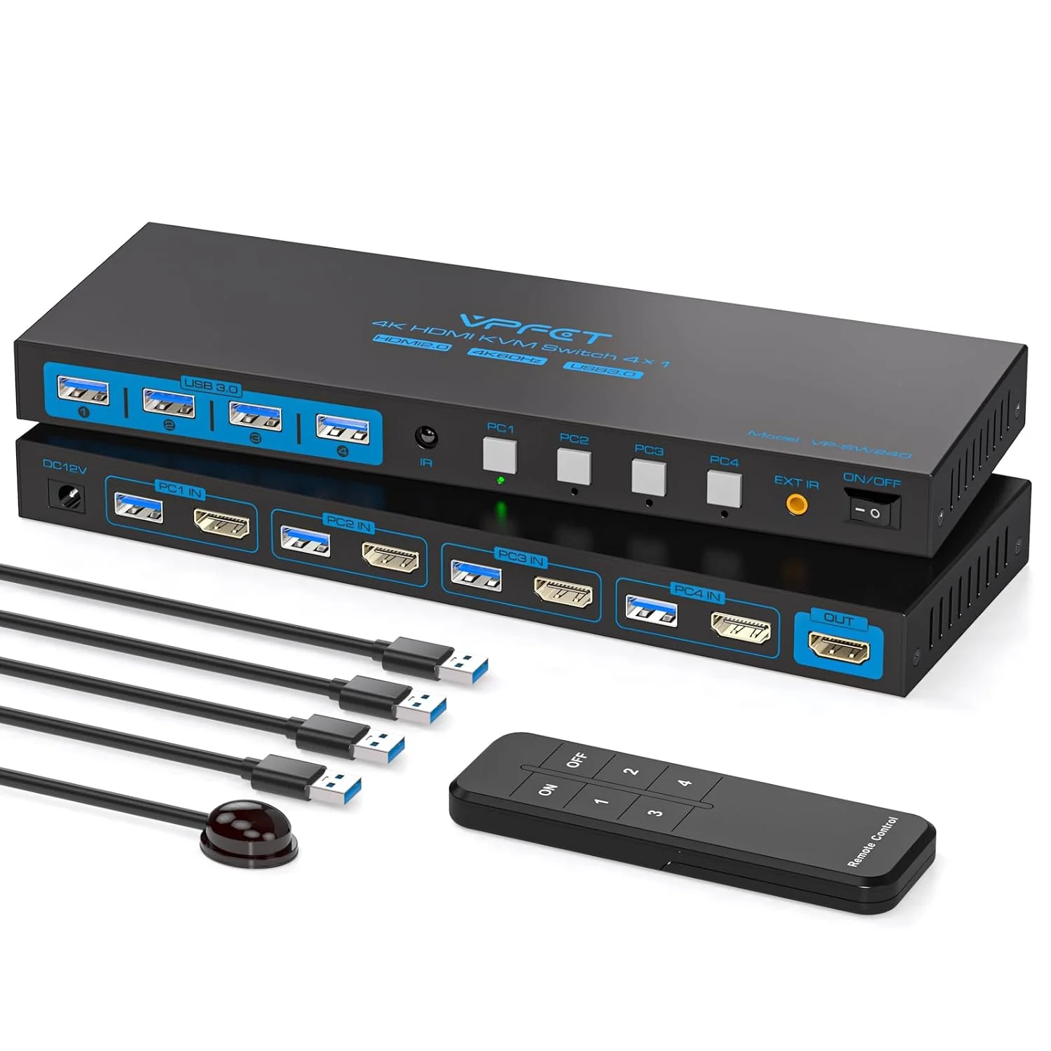 سوئیچ KVM با HDMI برای 4 کامپیوتر و 1 مانیتور 4K@60HZ، سوئیچ KVM چهار پورت برای 4 کامپیوتر به منظور به اشتراک گذاری یک مانیتور و 4 دستگاه USB 3.0 مانند کیبورد، ماوس، پرینتر، همراه با کنترلر، Plug and Play