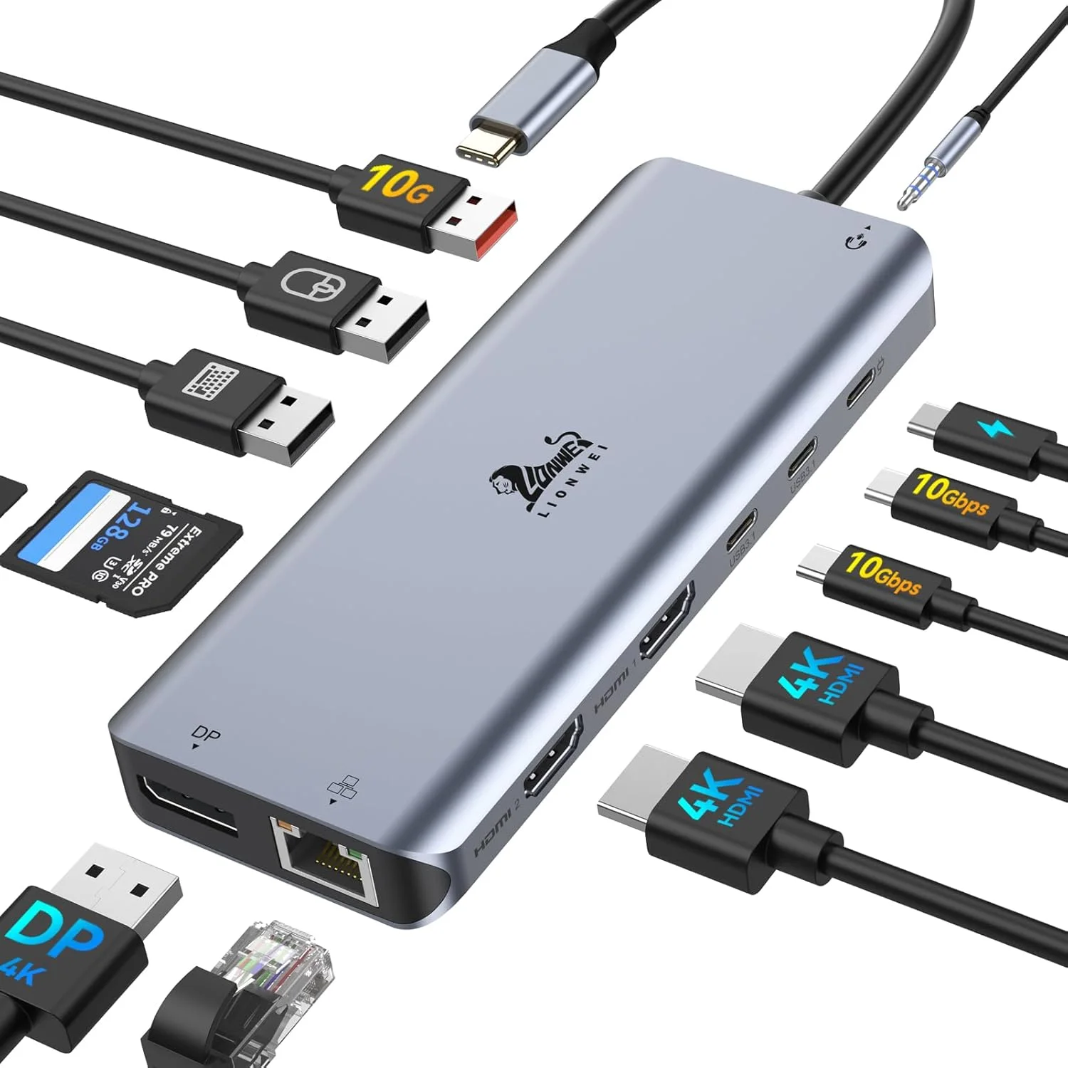 داک استیشن لپ تاپ LIONWEI 13 در 1 - دو پورت HDMI+DisplayPort+10Gbps، 6 پورت USB C/A، 100W PD، اترنت، SD/TF، صدا، هاب USB C برای MacBook/Dell/HP/Surface