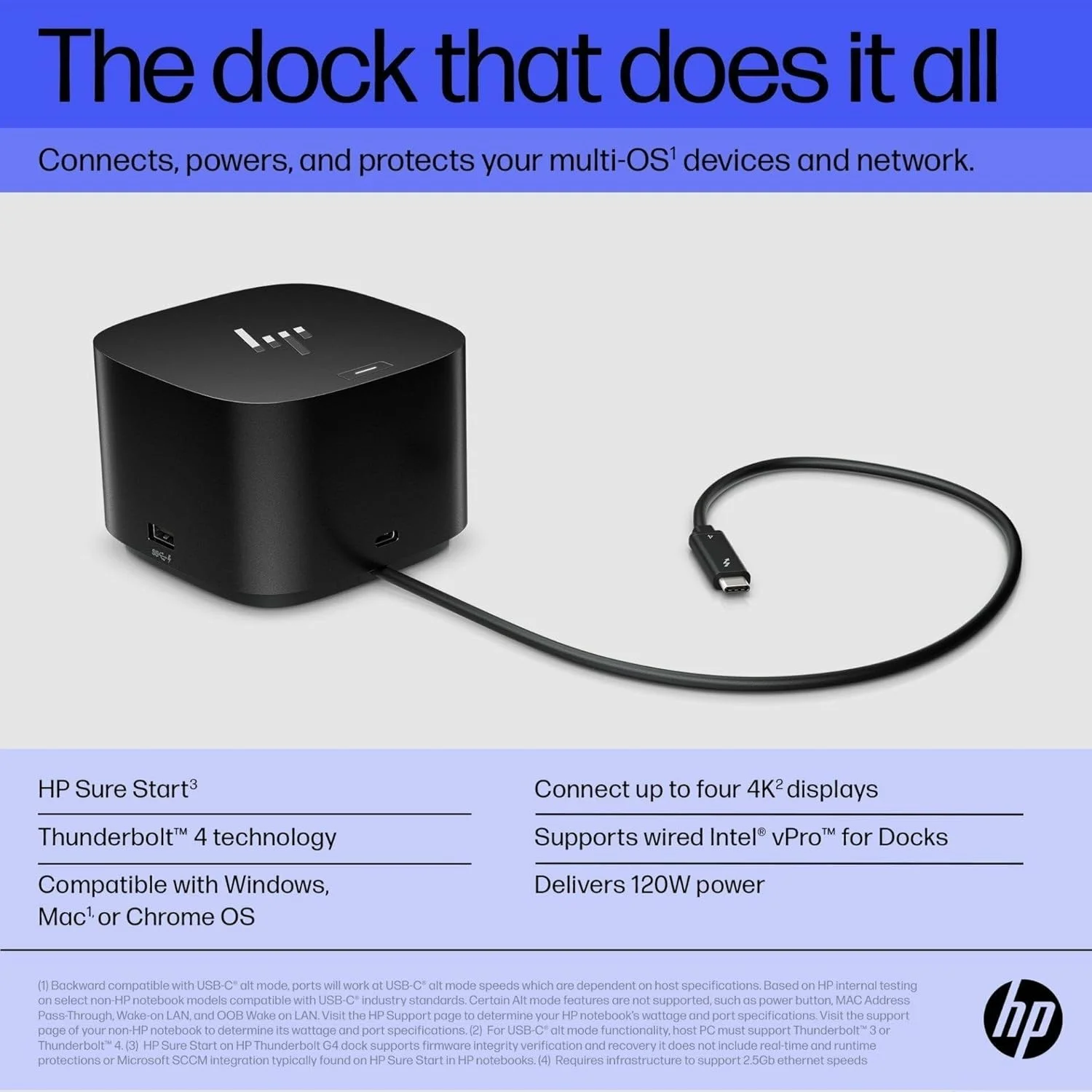 داک HP Thunderbolt 4 مدل 120W G4 (4J0A2AA)، ایستگاه اتصال USB C سیزده در یک با حداکثر توان شارژ 100 وات، پشتیبانی از 4 نمایشگر 4K، پورت اترنت، 6 پورت USB، HDMI، 2 پورت DisplayPort برای لپ تاپ، MacOS، ChromeOS، PC داک HP Thunderbolt 4 مدل 120W G4 (4J0A2AA)، ایستگاه اتصال USB C سیزده در یک با حداکثر توان شارژ 100 وات، پشتیبانی از 4 نمایشگر 4K، پورت اترنت، 6 پورت USB، HDMI، 2 پورت DisplayPort برای لپ تاپ، MacOS، ChromeOS، PC