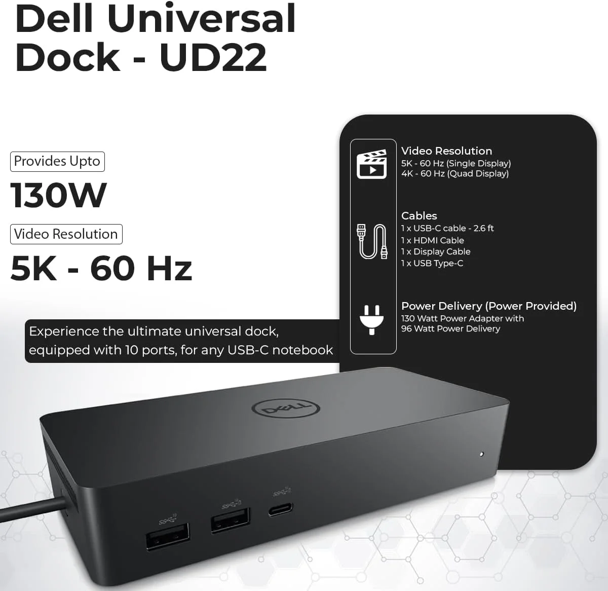 مجموعه داک استیشن دو مانیتوره دل UD22 - داک یونیورسال USB-C/USB-A دل برای لپتاپها با آداپتور 130 واتی، کابلهای HDMI، DisplayPort، USB-C - پشتیبانی از دو/سه/4 مانیتور و نمایشگر 4K مجموعه داک استیشن دو مانیتوره دل UD22 - داک یونیورسال USB-C/USB-A دل برای لپتاپها با آداپتور 130 واتی، کابلهای HDMI، DisplayPort، USB-C - پشتیبانی از دو/سه/4 مانیتور و نمایشگر 4K