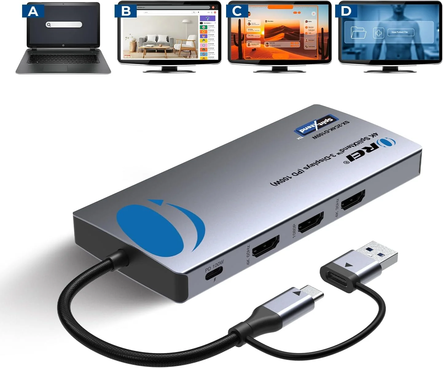 داک استیشن لپ تاپ OREI SplitExtend با قابلیت اتصال به 3 مانیتور - داک استیشن USB C با 3 پورت HDMI، 2 پورت USB 3.0، کارت خوان SD، توان 100 وات PD - داک Thunderbolt 4 با خروجی 4K@30Hz داک استیشن لپ تاپ OREI SplitExtend با قابلیت اتصال به 3 مانیتور - داک استیشن USB C با 3 پورت HDMI، 2 پورت USB 3.0، کارت خوان SD، توان 100 وات PD - داک Thunderbolt 4 با خروجی 4K@30Hz