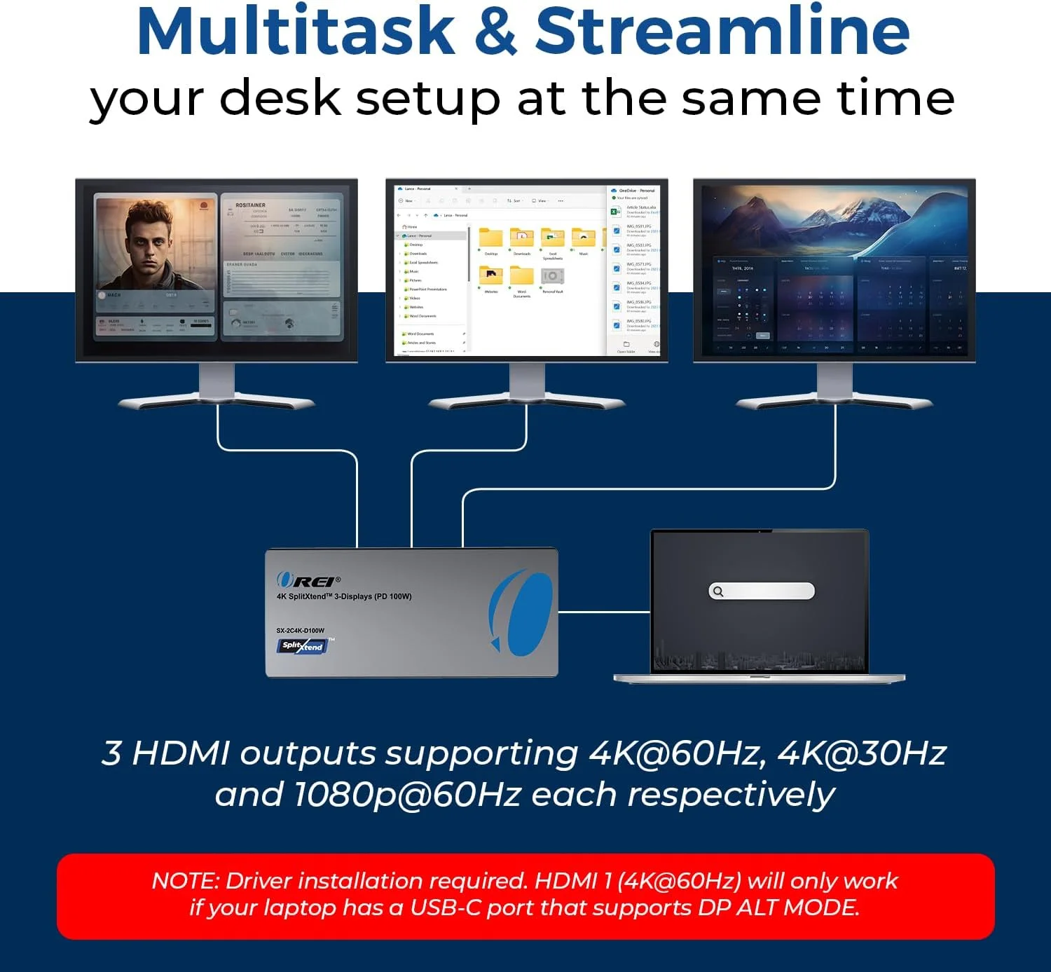 داک استیشن لپ تاپ OREI SplitExtend با قابلیت اتصال به 3 مانیتور - داک استیشن USB C با 3 پورت HDMI، 2 پورت USB 3.0، کارت خوان SD، توان 100 وات PD - داک Thunderbolt 4 با خروجی 4K@30Hz داک استیشن لپ تاپ OREI SplitExtend با قابلیت اتصال به 3 مانیتور - داک استیشن USB C با 3 پورت HDMI، 2 پورت USB 3.0، کارت خوان SD، توان 100 وات PD - داک Thunderbolt 4 با خروجی 4K@30Hz