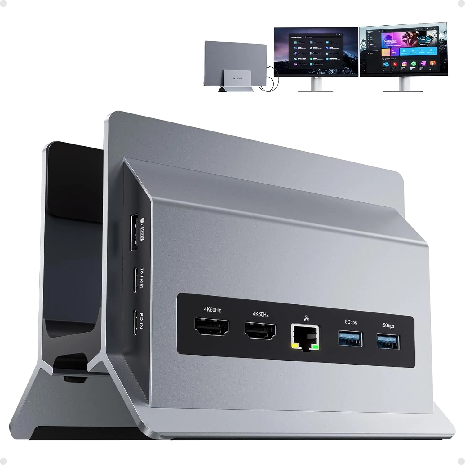 داک استیشن لپ تاپ دو مانیتوره، استند داک USB C عمودی 11 در 1 با 2 پورت HDMI 4K 60Hz، 3 پورت USB A/C 10Gbps، 2 پورت USBA 5Gbps، USB-A 2.0، اترنت، داک استیشن PD 3.0 برای لپ تاپ های Type-C