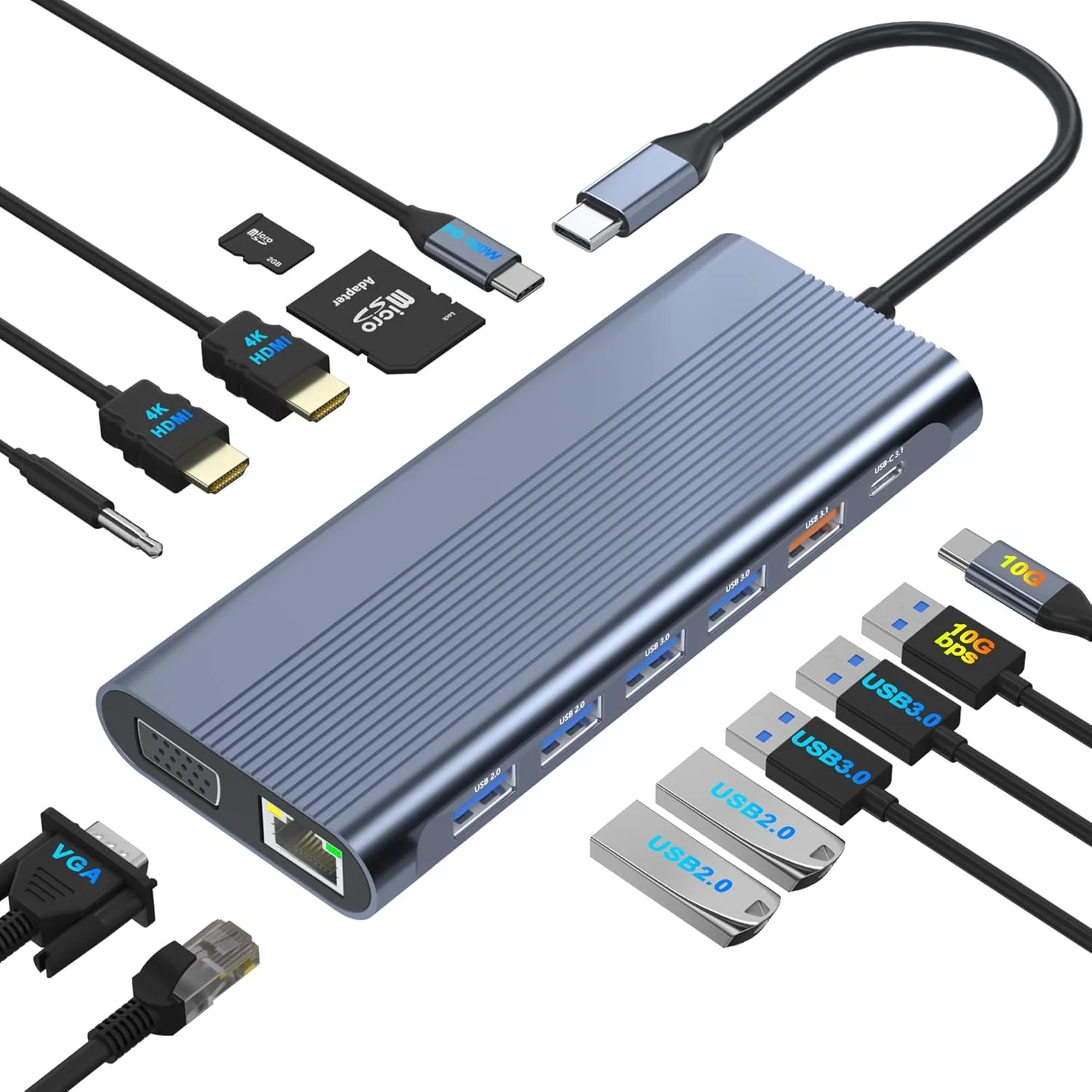 داک استیشن USB C دو مانیتوره برای لپ تاپ های دل/اچ پی/لنوو/مک، آداپتور دوگانه HDMI برای 2 مانیتور، داک استیشن 14 در 1 لپ تاپ دو مانیتوره با 10Gbps USB/HDMI/VGA/PD/Ethernet/SD/TF/Audio/Mic