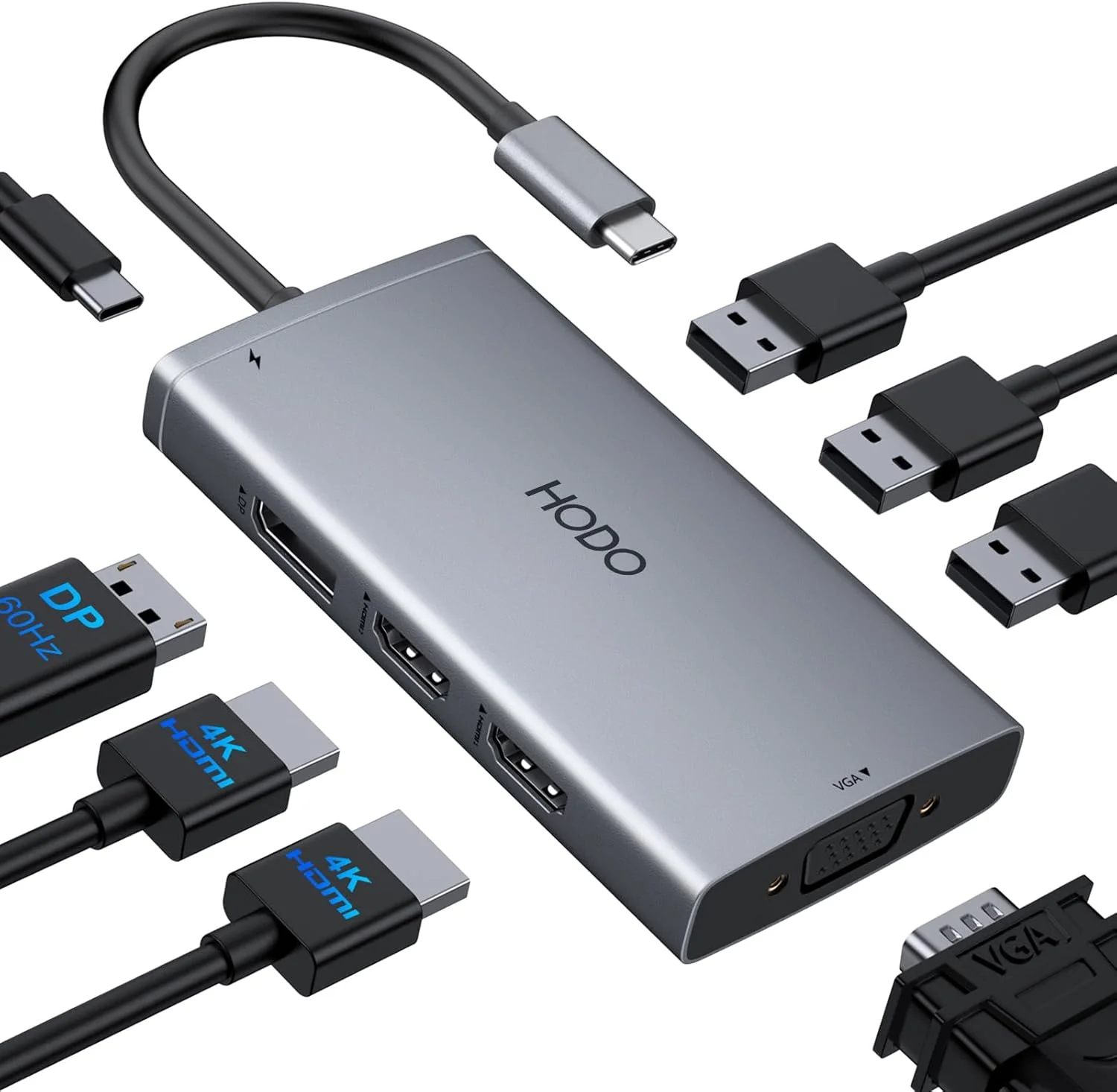 آداپتور داک استیشن USB C با قابلیت اتصال به دو مانیتور برای دل و اچ پی، داک استیشن لپ تاپ با قابلیت اتصال به 3 مانیتور و نمایشگر چهارگانه، دانگل هاب USB C به 4K HDMI+DP+VGA، 3 عدد USB 2.0، پورت PD 100W، داک 8 در 1 تاندربولت برای لنوو و سرفیس
