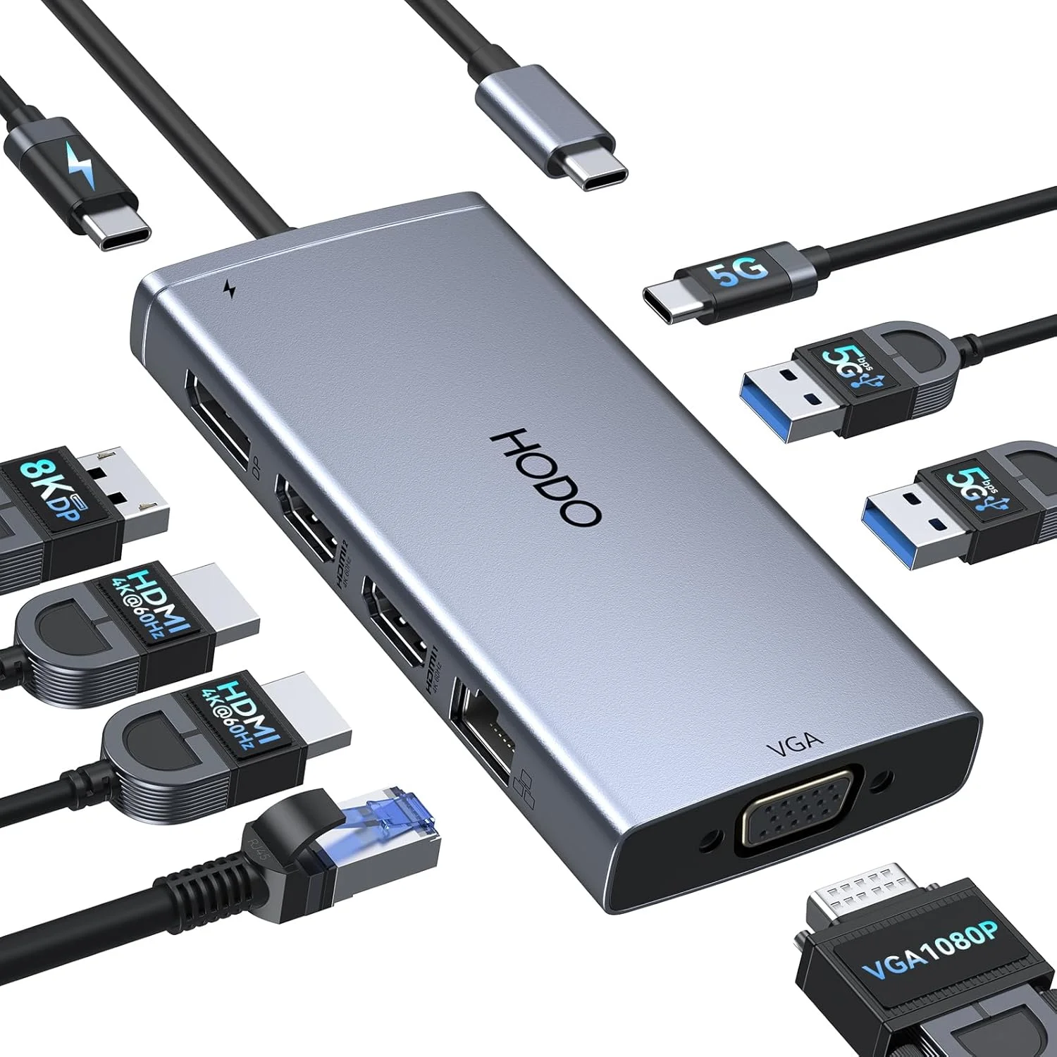آداپتور داک استیشن USB C مانیتور دوگانه برای Dell HP، داک استیشن لپ تاپ 3 مانیتور نمایشگر چهارگانه USB C هاب دانگل به 2 HDMI، DP، VGA، 3 USB، PD، 100W PD، اترنت، 9 در 1 داک تاندربولت برای Surface