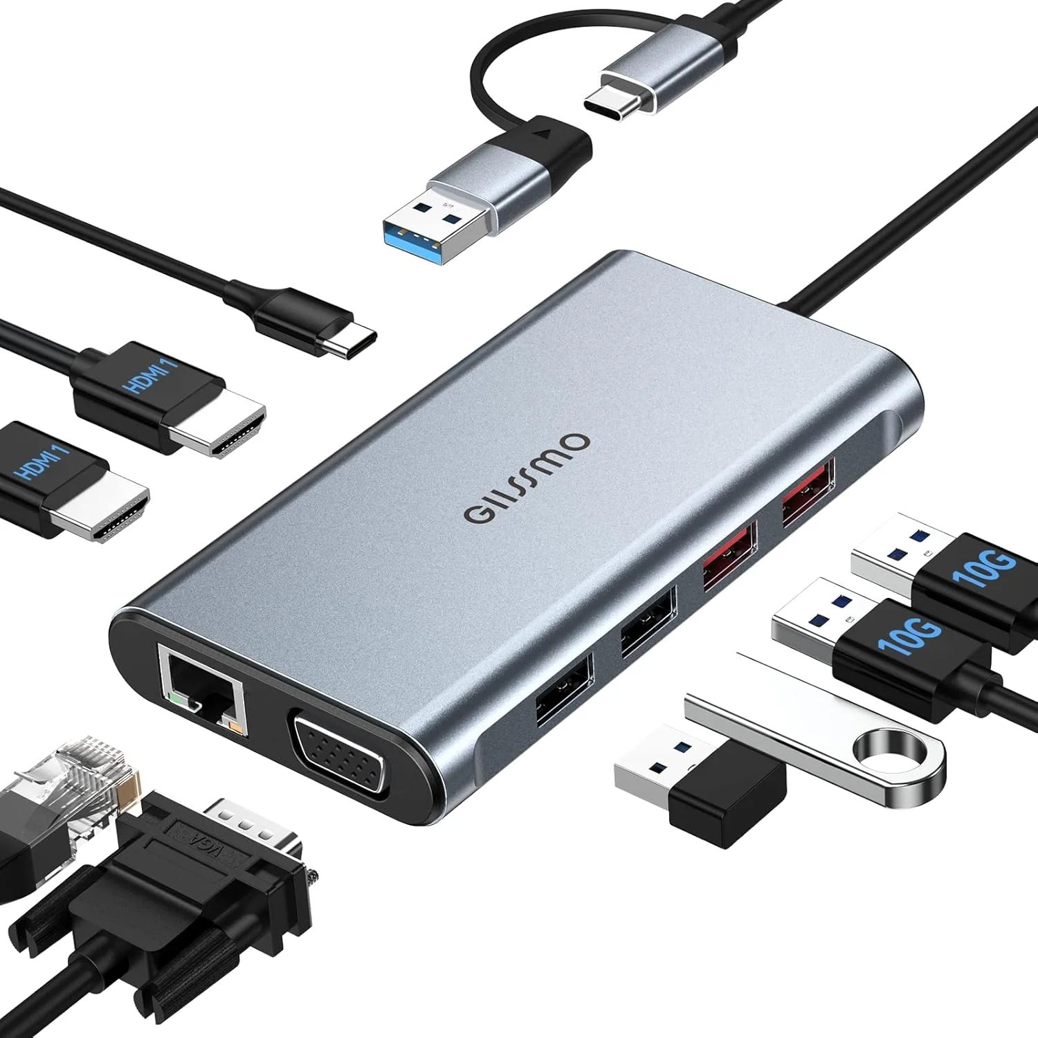 داک استیشن USB مانیتور دوگانه، داک استیشن USB A 3.0 / USB C نه در یک با 2 پورت HDMI، VGA، USB 3.1 با سرعت 10 گیگابیت بر ثانیه، اترنت گیگابیتی، نمایشگر سه گانه برای مک و مک بوک و لپ تاپ ویندوز