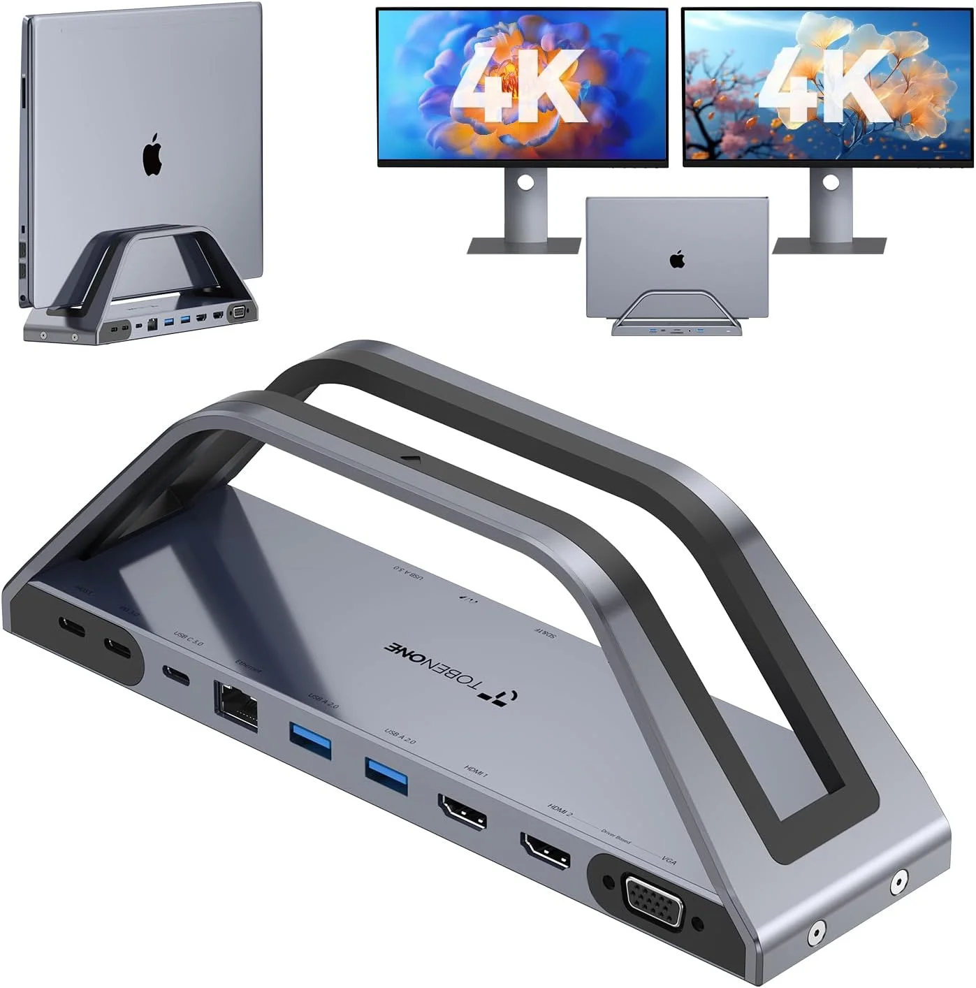 داک استیشن 14 در 1 توبن وان برای مک بوک پرو/ایر، مانیتور دوگانه 4K، پایه داک استیشن عمودی لپ تاپ برای مک بوک پرو/ایر M1/M2/M3/M4، داک USB C با آداپتور برق 65 واتی، 2 HDMI، VGA، USB 5 گیگابیت بر ثانیه، RJ45