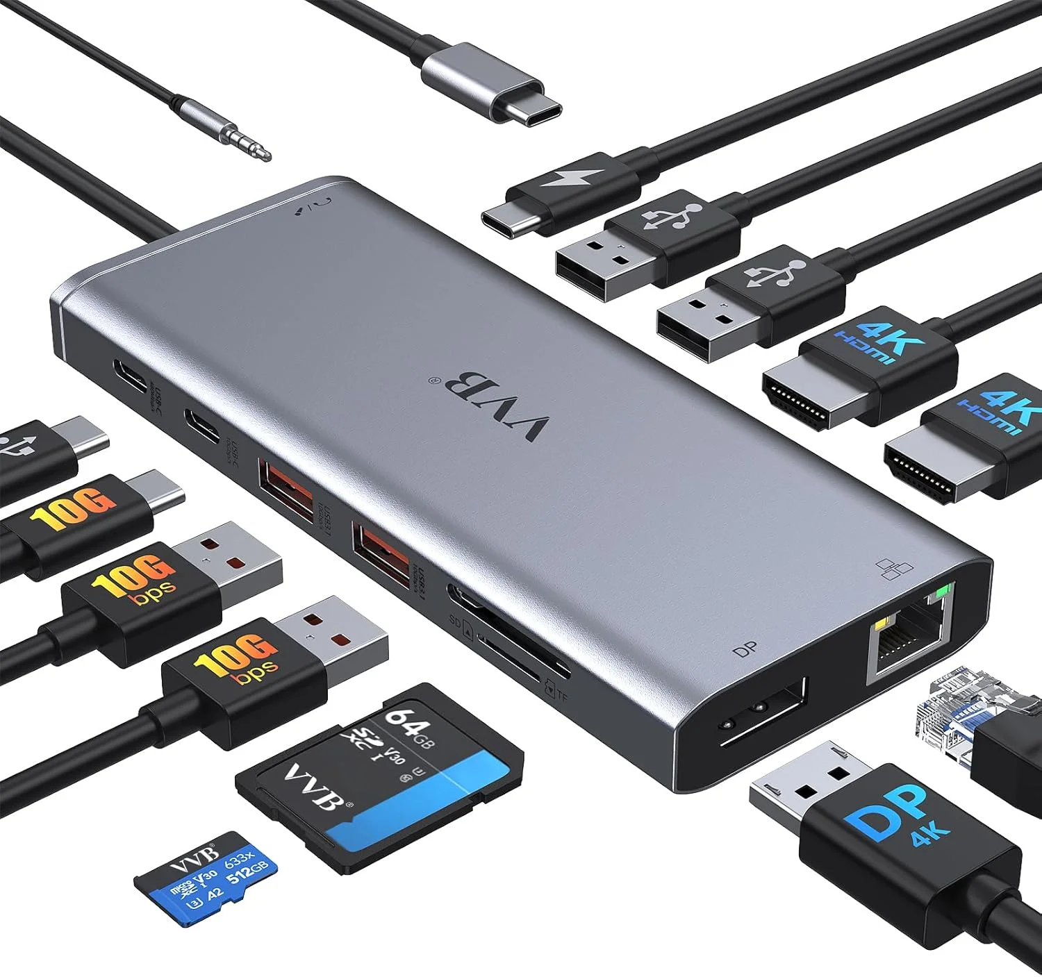 داک استیشن لپ تاپ USB C دو مانیتوره HDMI برای لپ تاپ های دل/لنوو/اچ پی، هاب 14 در 1 USB C، آداپتور دانگل چند پورت USB C به 2 HDMI 4K+DisplayPort+Ethernet+4USB+2USB C+شارژر 100W PD+SD/TF+Audio