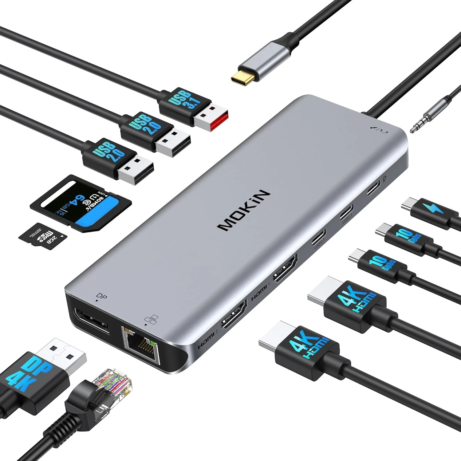 ایستگاه اتصال لپ تاپ USB C، مانیتور دوگانه، دو HDMI 4K DP، هاب نمایشگر سه گانه 10G، هاب 13 در 1 MOKiN USB C با 3 مانیتور، Displayport، USB3.1، RJ45، PD 100W، کارت خوان، صدا/میکروفون، برای Dell HP Lenovo