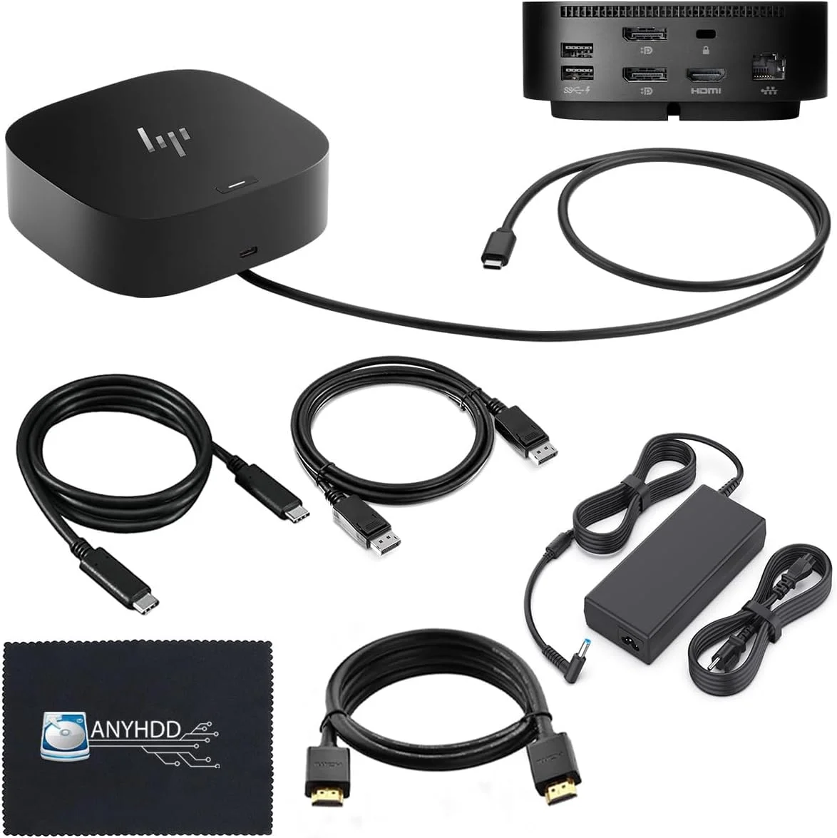 داک استیشن لپ تاپ اچ پی برای مانیتور دوگانه و شارژ - داک USB-C G5 مدل 5YH27AV#ABA با آداپتور 120 وات + کابل HDMI + کابل DisplayPort + کابل USB-C + پارچه میکروفیبر (بازسازی شده)