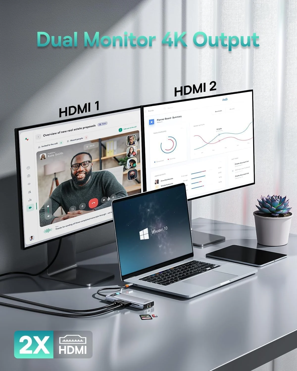 داک استیشن لپ تاپ Baseus، هاب USB C نه در یک با دو HDMI 4K@120Hz، LAN 1000 مگابیت بر ثانیه، حداکثر 85 وات PD، 3 USB، کارت خوان SD، داک USB C سازگار با iPhone 15/Mac/Dell/HP/Surface/Steam Deck