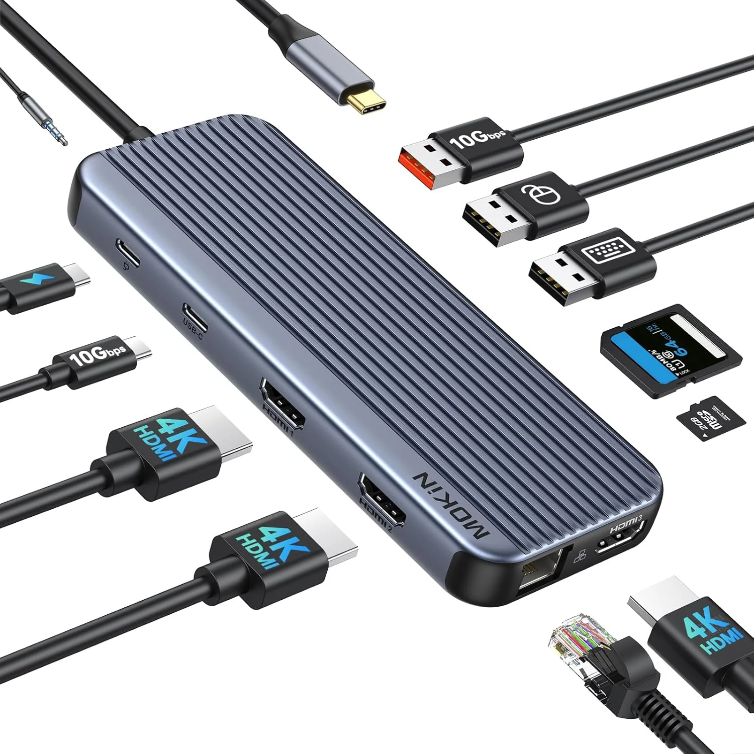 داک استیشن USB C با 3 پورت HDMI، داک استیشن 12 در 1 با نمایشگر سه گانه، داک مانیتور دوگانه، هاب USB-C لپ تاپ با 3 پورت HDMI با سرعت 10 گیگابیت بر ثانیه، اترنت، USB A/C 3.1، USB 2.0، شارژ 100 واتی PD، صدا و میکروفون، SD