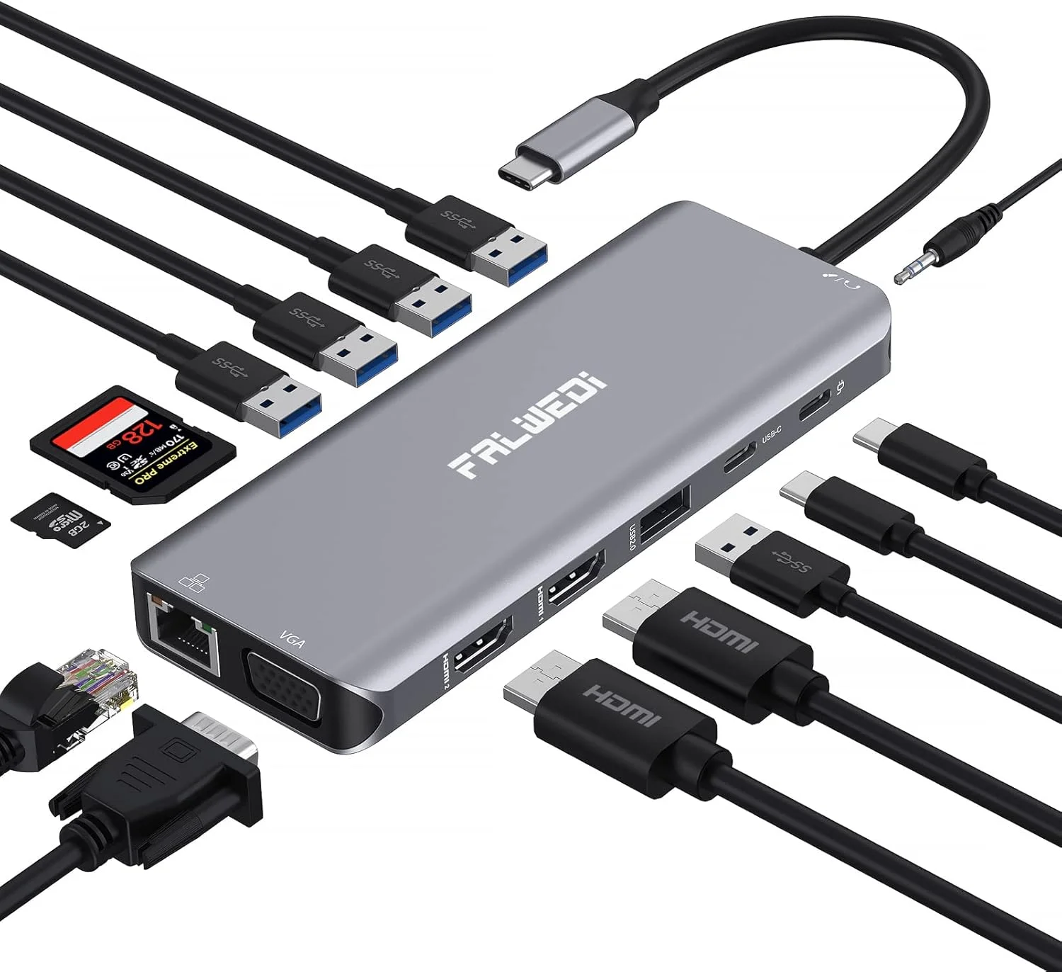 ایستگاه اتصال لپ تاپ USB C، دانگل آداپتور چند پورت 14 در 1 Type C با 3 مانیتور، دو HDMI، VGA، PD، اترنت، SD/TF، پورت های USB C/A، میکروفون/صدا، سازگار با لپ تاپ های Dell/Surface/HP/Lenovo