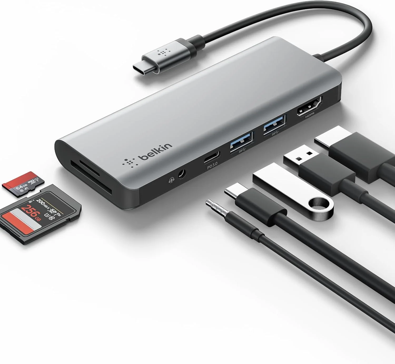 هاب USB-C بلکین، ایستگاه داکینگ 7 در 1 MultiPort برای مک بوک و ویندوز - تحویل برق USB-C 85 واتی 3.0، HDMI 4K 1.4، 2x USB-A 3.0، SD 3.0، Micro SD 3.0 و جک صوتی 3.5 میلی متری