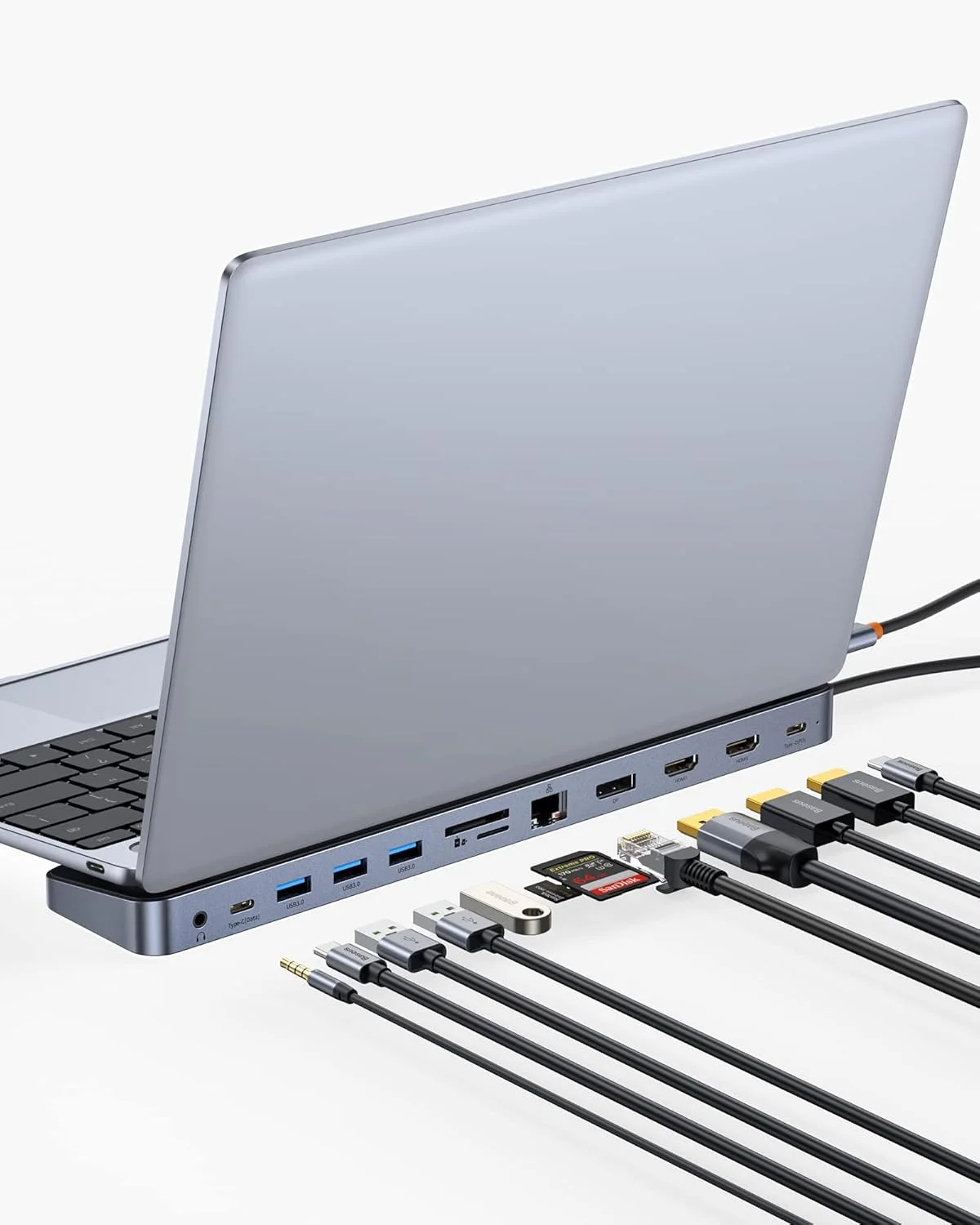 داک استیشن لپ تاپ بیسوس، داک استیشن چند وظیفه‌ای 4K با 2 پورت HDMI+DP، PD، 3 پورت USB-A، RJ45، صدا، کارت خوان TF/SD، هاب USB سازگار برای مک بوک/دل/اچ پی/سرفیس/لنوو