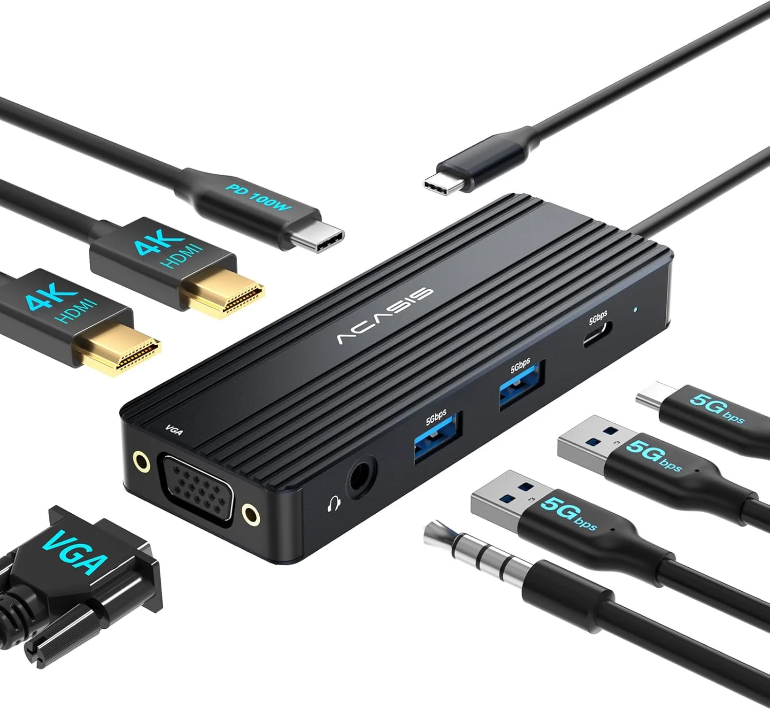 ایستگاه اتصال USB C آکاسیس برای دو مانیتور، ایستگاه اتصال لپ تاپ 8 در 1 با دو مانیتور 2*HDMI + VGA + 3 * 5G USB-A/C + 3.5MM Audio + PD100W، داک لپ تاپ برای Dell/HP/Lenovo ThinkPad (مشکی)