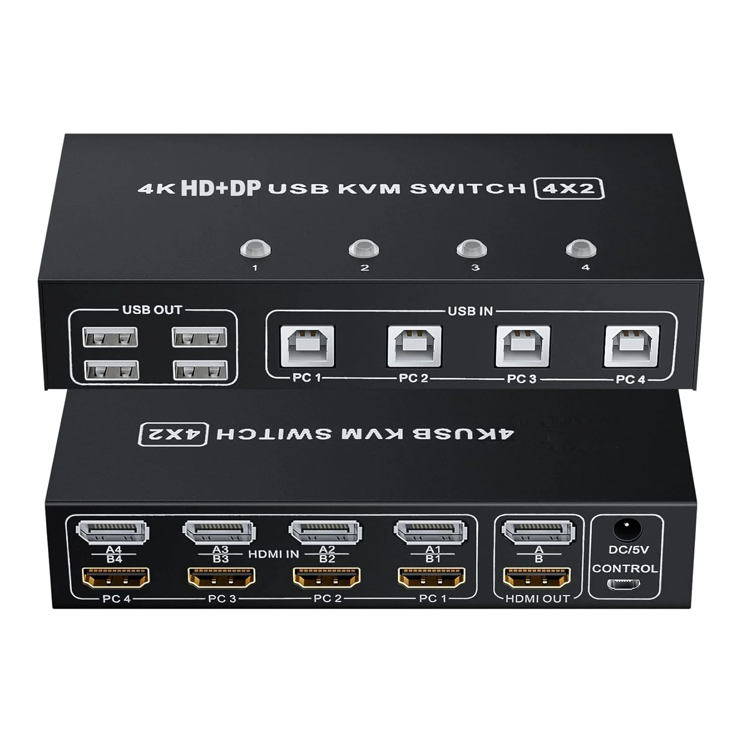 سوئیچ KVM چهار پورت HDMI + DisplayPort، دو مانیتور برای 4 کامپیوتر، HDMI 2.0 DP 1.2 USB 2.0 KVM Switch 4K 60Hz، سوئیچر لوازم جانبی ماوس و کیبورد HDMI+DP 4 ورودی 2 خروجی برای 4 کامپیوتر و 2 مانیتور