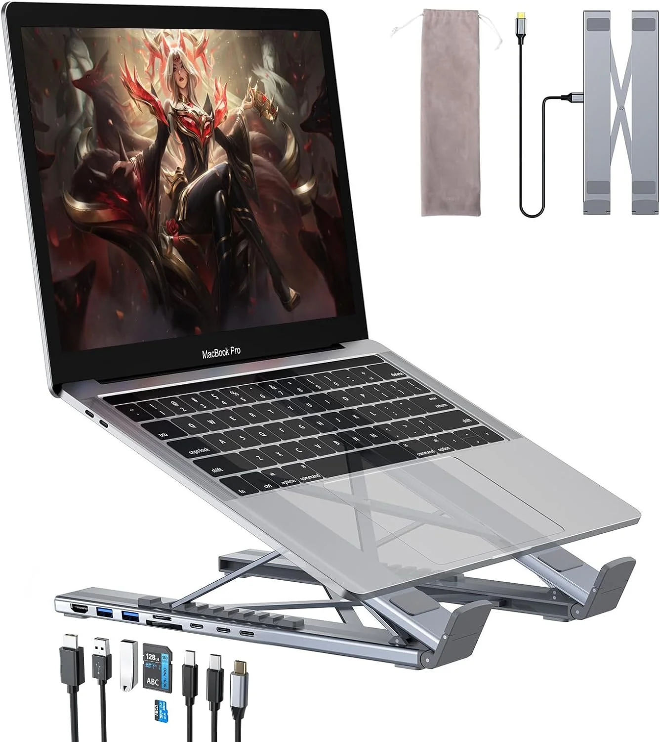 پایه استند لپ تاپ USB C، پایه استند تبلت USB C، هاب USB C هشت در یک با HDMI 4K، دو پورت USB 3.1، شارژ PD 100W، ایستگاه داک جهانی برای MacBook Pro/Air/Dell/HP/Surface/Lenovo، نصب آسان
