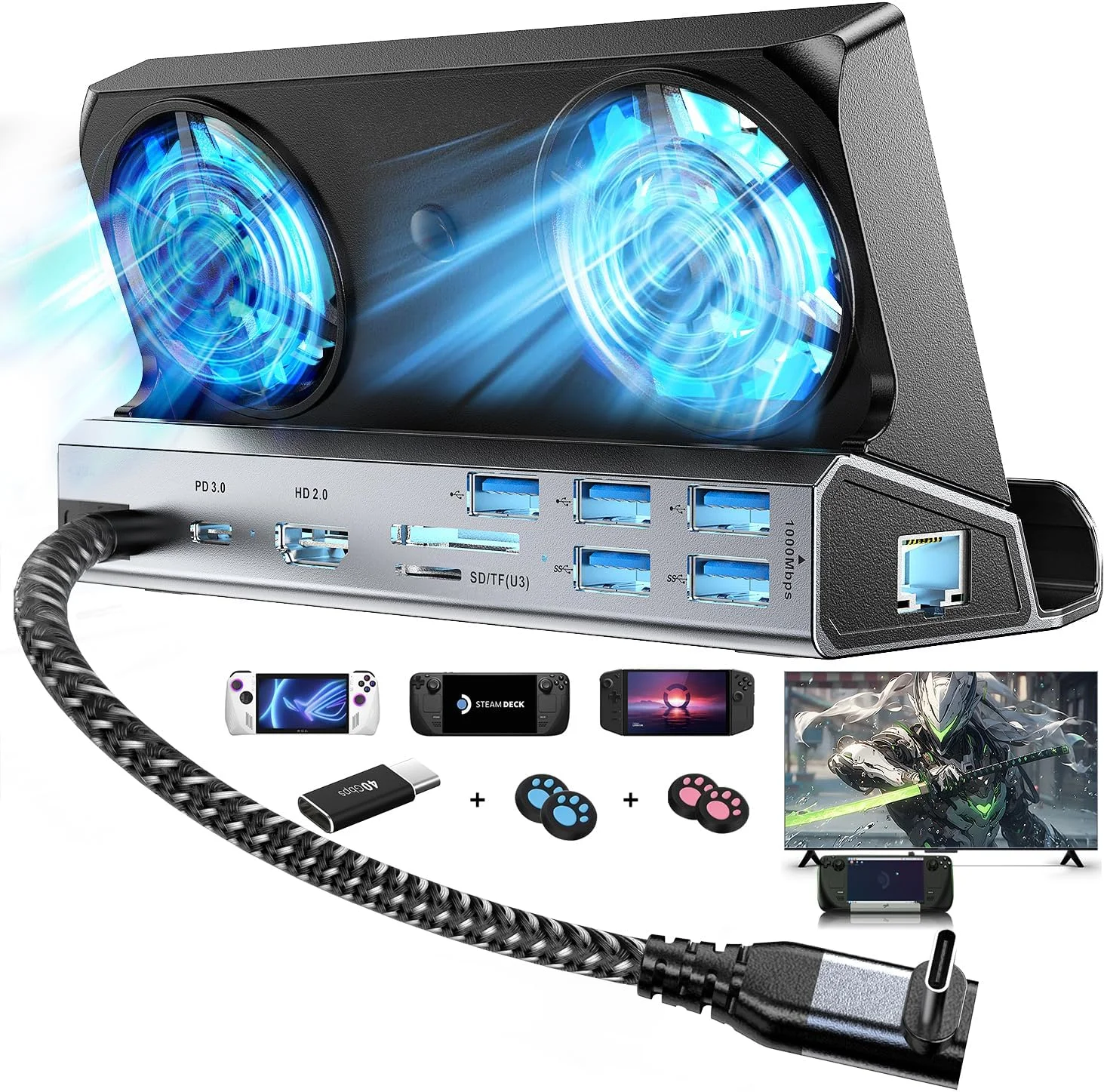 داک استیشن استیم دک 10 در 1 با دو فن خنک کننده، خروجی 4K@60Hz، 5 پورت USB، پورت 1000Mbps، درگاه SD/TF، پورت Type C 100W PD، آداپتور 40Gbps برای استیم دک/Rog Ally/Switch/Legion Go
