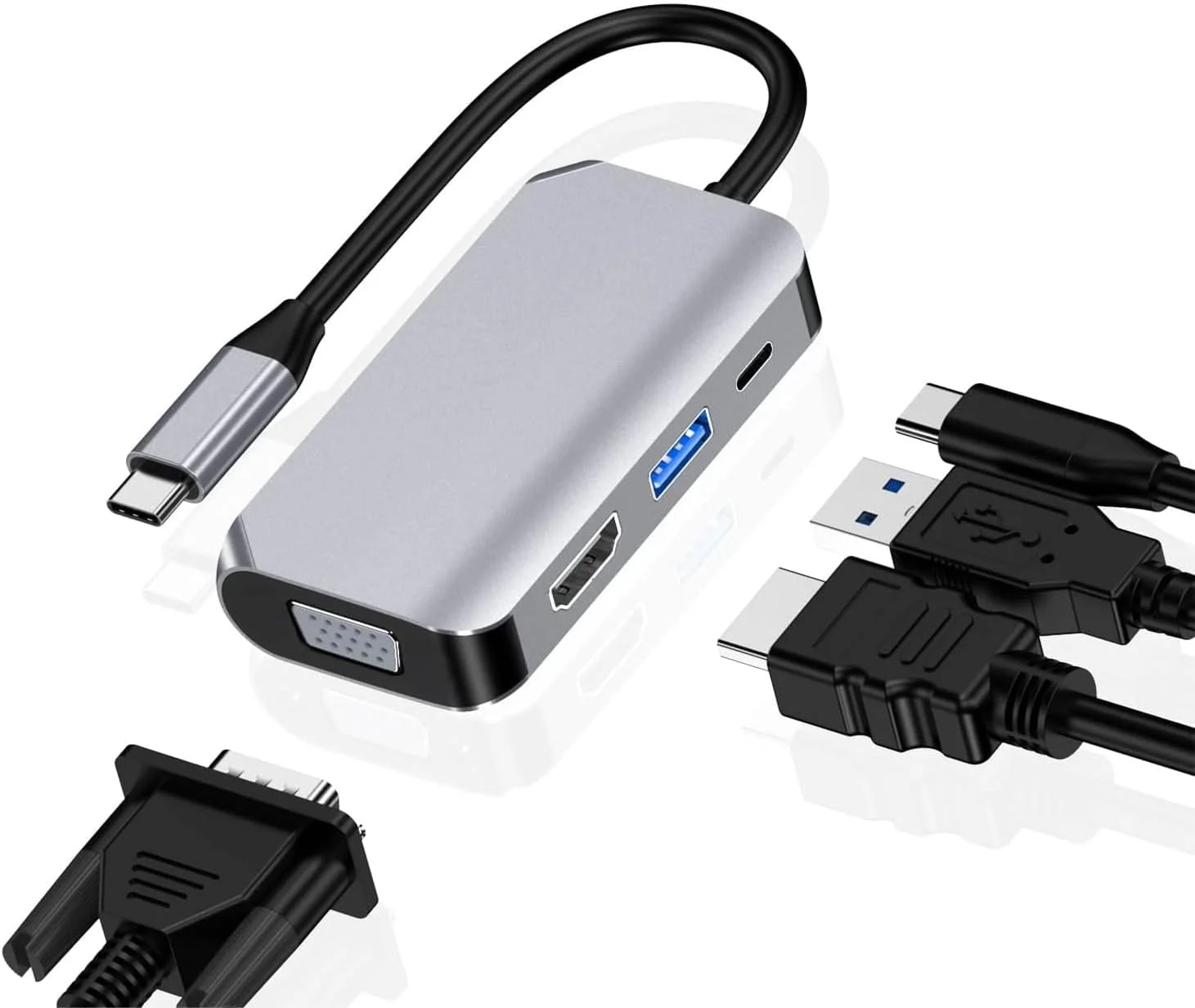 هاب آداپتور USB C، هاب 4 در 1 USB Type C به 4K HDMI، VGA، USB3.0 و USB-C PD ایستگاه داک چند پورت سازگار با سری MacBook، Chromebook، Zenbook و غیره دستگاه های Type C