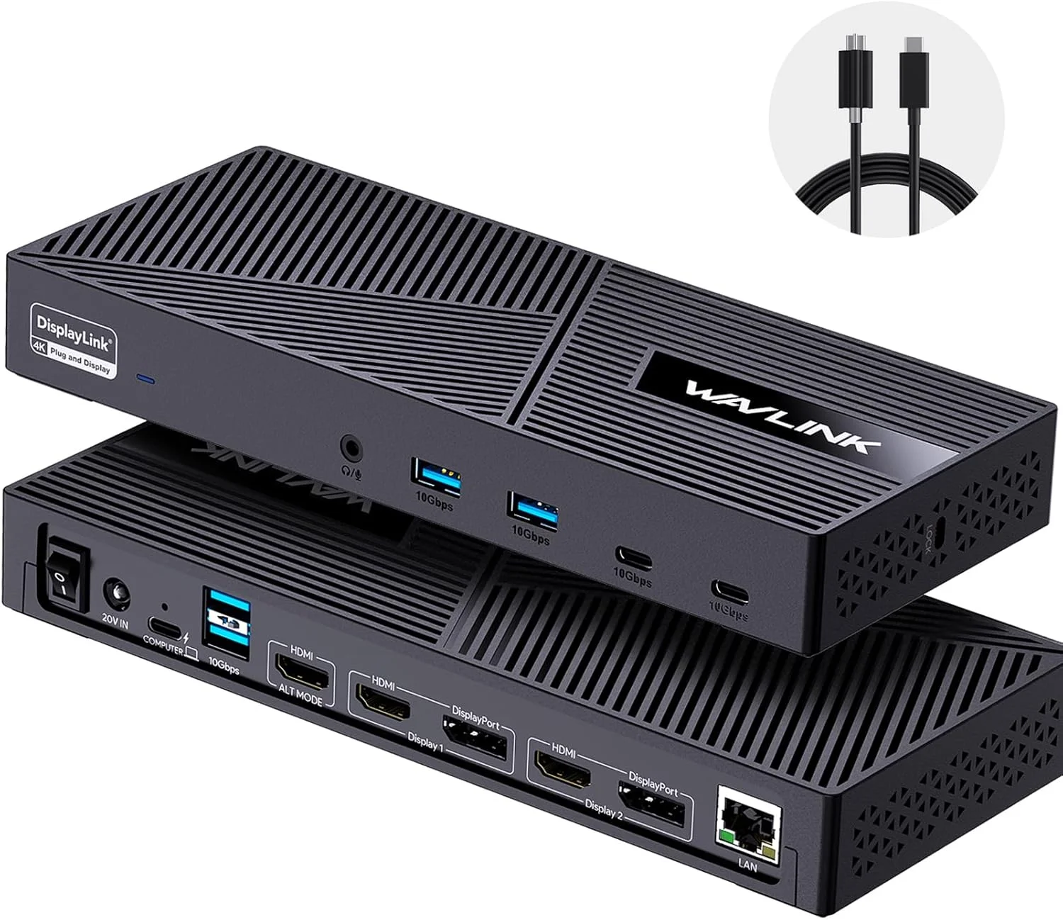 داک استیشن USB-C سه نمایشگر WAVLINK – 3 پورت HDMI، 2 پورت DisplayPort، توان 100 وات، 6 پورت USB 10Gbps، اترنت گیگابیتی برای MacBook M1/M2/M3/M4، ویندوز و غیره