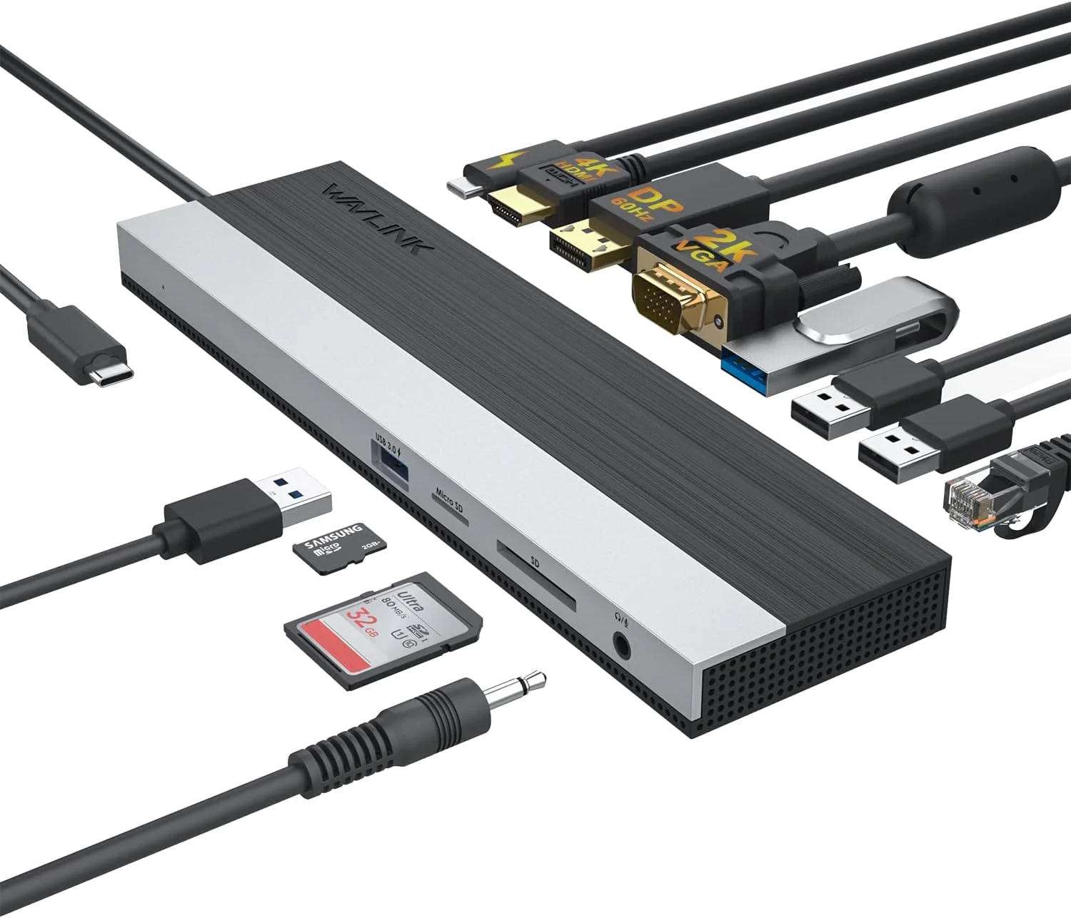 داکینگ استیشن 12 در 1 WAVLINK USB C، هاب چند پورت Type C با نمایشگر سه گانه با HDMI، DisplayPort، VGA، اترنت، شارژ USB-C 100W PD3.0، USB3.0، USB2.0، کارت خوان SD/TF، صدا - UMD03