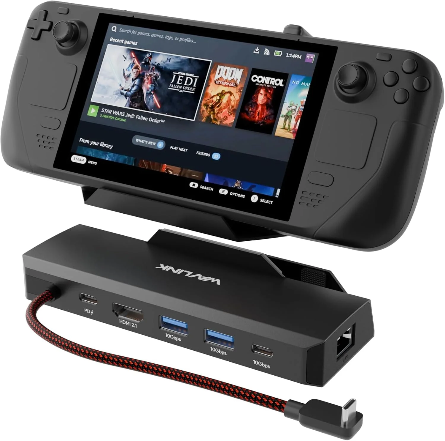 داک استیم دک WAVLINK، ایستگاه داکینگ 6 در 1 برای استیم دک/ROG Ally/Legion Go با HDMI 2.1 4K@144Hz، ورودی PD 100W، 3x USB 3.2 10G، گیگابیت RJ45