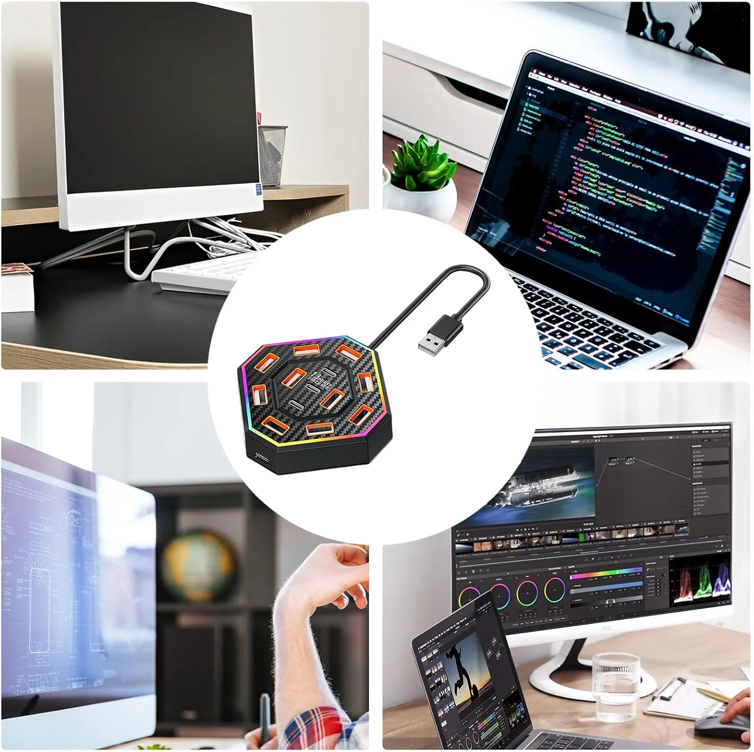 ایستگاه اتصال USB - ایستگاه اتصال آداپتور USB 13 پورت | لوازم جانبی الکترونیکی طراحی RGB برای خانه آپارتمانی مدرسه خوابگاه کتابخانه کالج ایستگاه اتصال USB - ایستگاه اتصال آداپتور USB 13 پورت | لوازم جانبی الکترونیکی طراحی RGB برای خانه آپارتمانی مدرسه خوابگاه کتابخانه کالج