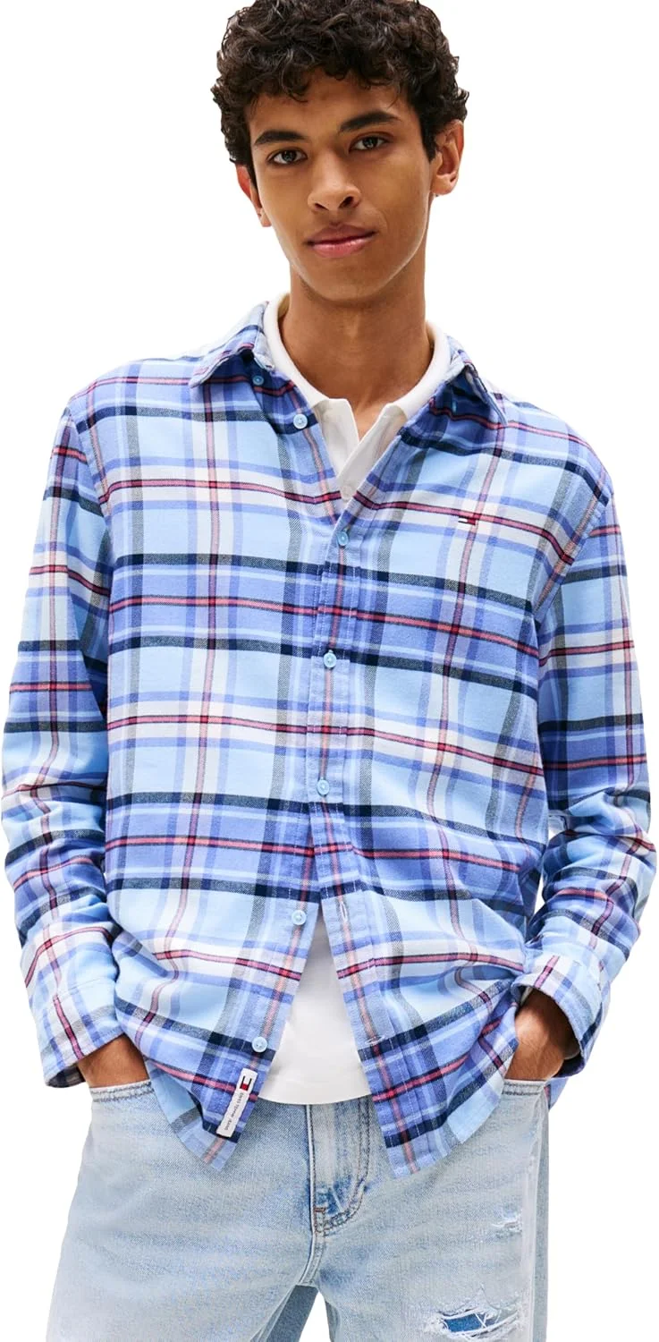 پیراهن چهارخانه سبک وزن مردانه تامی جینز، ساخته شده از فلانل نخی (تک عددی)