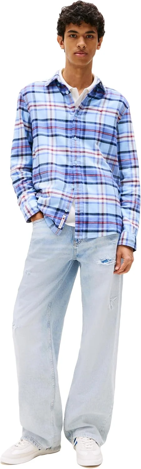 پیراهن چهارخانه سبک وزن مردانه تامی جینز، ساخته شده از فلانل نخی (تک عددی)