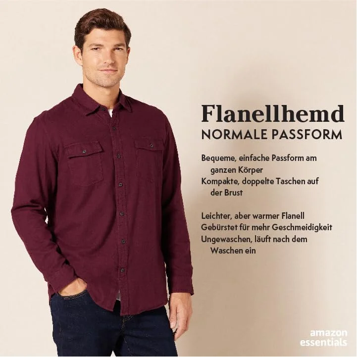 پیراهن فلانل آستین بلند مردانه آمازون اسنشالز با دو جیب، برش معمولی