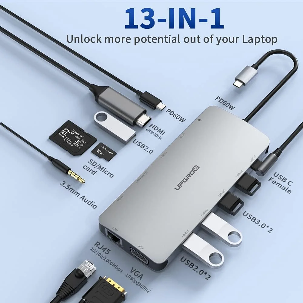 ایستگاه اتصال USB C آپگرو، آداپتور HDMI مک بوک 13 در 1 هاب Type-C با 4K HDMI، VGA، USB 3.0 و 2.0، USB C/F، شارژر PD، SD/TF، RJ45، Aux، اسپلیتر آداپتور اترنت USB C برای اکثر لپتاپهای Type C ایستگاه اتصال USB C آپگرو، آداپتور HDMI مک بوک 13 در 1 هاب Type-C با 4K HDMI، VGA، USB 3.0 و 2.0، USB C/F، شارژر PD، SD/TF، RJ45، Aux، اسپلیتر آداپتور اترنت USB C برای اکثر لپتاپهای Type C