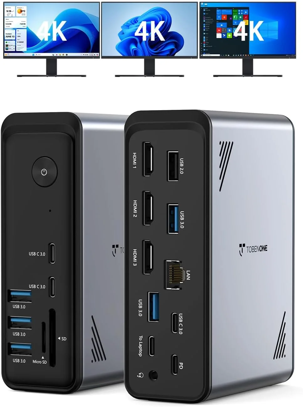 داک استیشن لپ تاپ TobenONE مدل 18 در 1 با قابلیت اتصال به 3 مانیتور، نمایشگر سه گانه 4K با 3 پورت HDMI، 9 پورت USB، گیگابیت اترنت، PD3.0، برای لپ تاپ های ویندوز/دل/لنوو/اچ پی/تینک پد (بدون آداپتور برق)