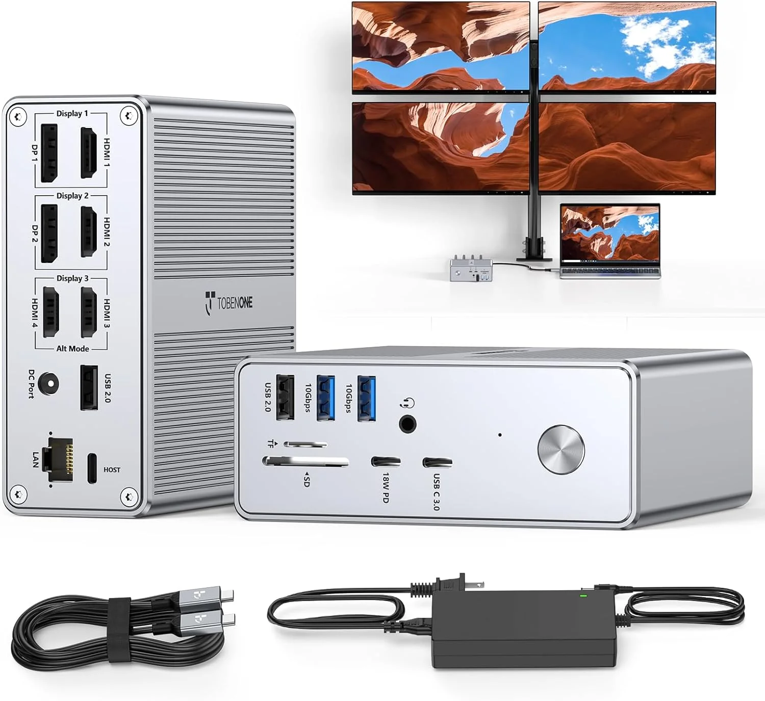 داک استیشن چهار مانیتوره TobenONE با 4 پورت HDMI، داک استیشن DisplayLink 18 در 1 با شارژر 120 واتی، داک برای Thunderbolt 4/3، USB-C ویندوز، مک بوک (4 پورت USB، 2 پورت USB-C، اترنت، SD/TF، صدا)