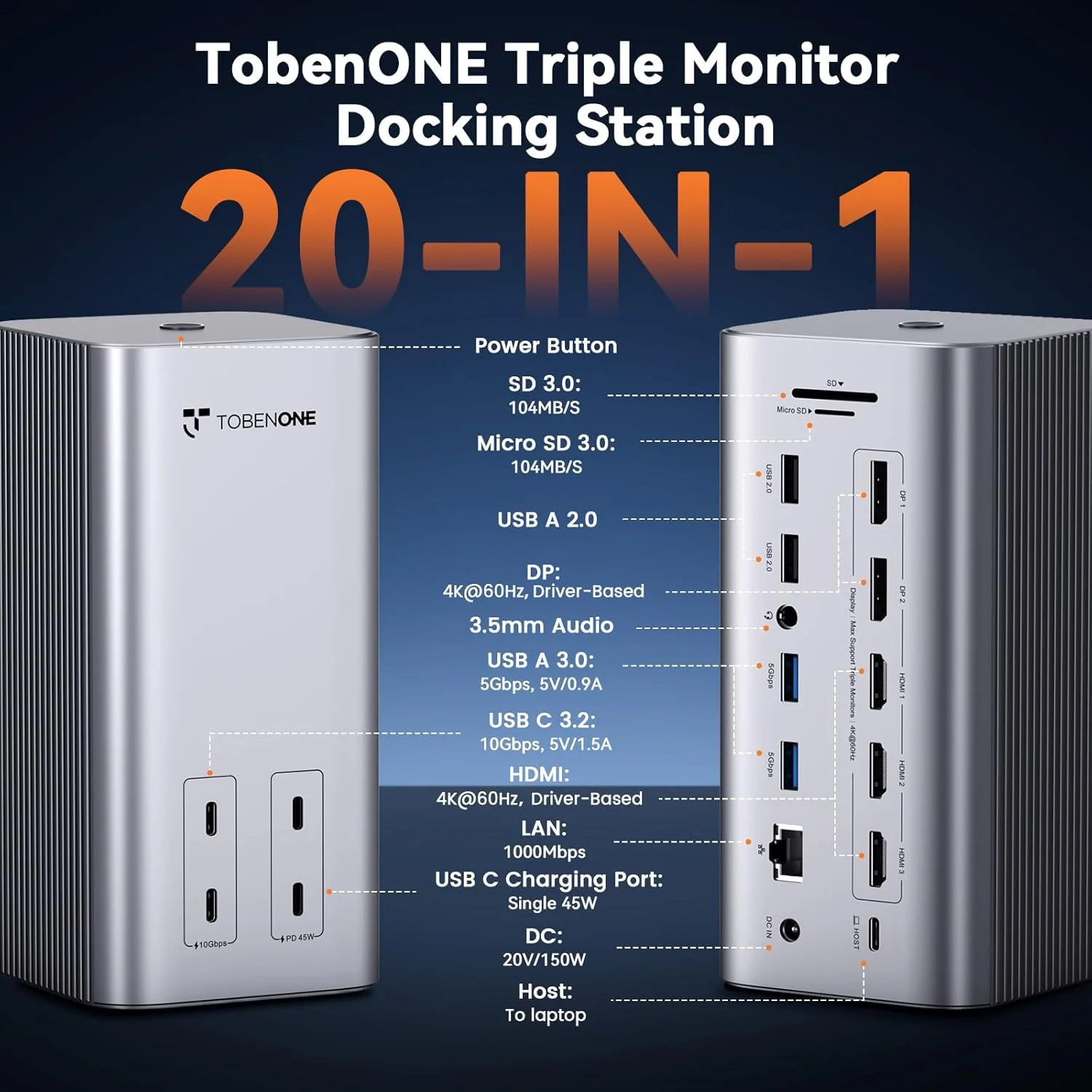 داک استیشن سه مانیتوره TobenONE به همراه آداپتور برق 150 واتی داک استیشن سه مانیتوره TobenONE به همراه آداپتور برق 150 واتی