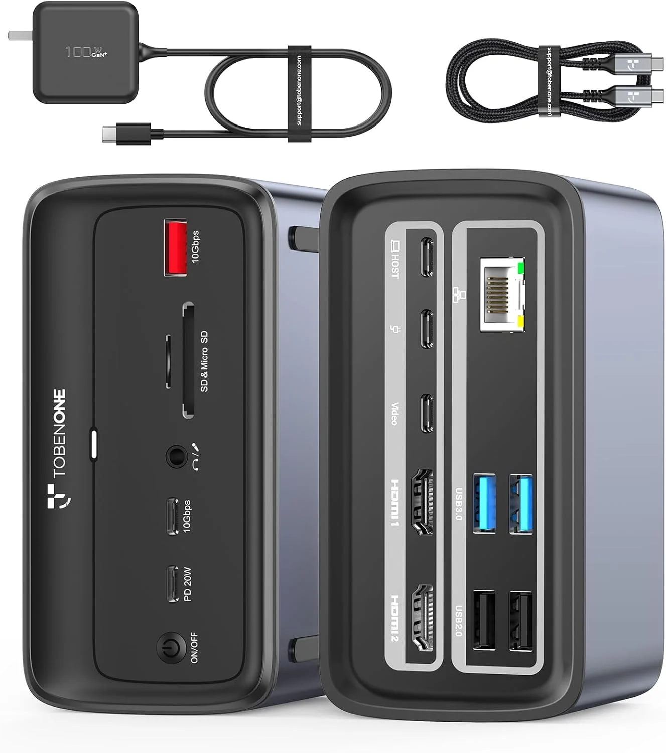 داک استیشن سه مانیتوره TobenONE، داک استیشن مانیتور سه گانه با خروجی ویدیویی تکی USB-C 8K، دو خروجی HDMI 4K، پورت های USB A/C با سرعت 10 گیگابیت بر ثانیه، PD 3.0، منبع تغذیه 100 واتی، داک USB C برای ویندوز/ChromeOS، دل، اچ پی، ایسوس