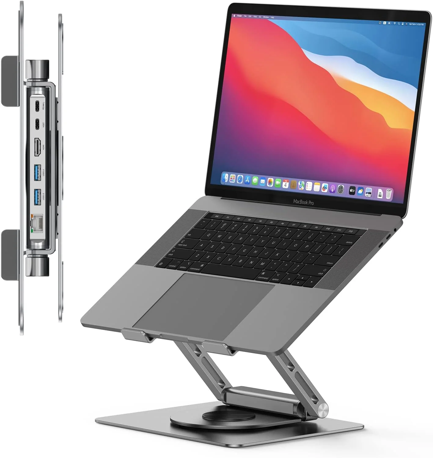 پایه داک استیشن لپ تاپ USB C توبن وان برای مک بوک پرو/ایر/دل/اچ پی/سرفیس/لنوو، هاب USB C جداشدنی، HDMI 4K، دو پورت USB 3.0، RJ45، PD 3.0، داک جهانی لپ تاپ با پایه چرخان 360 درجه - خاکستری