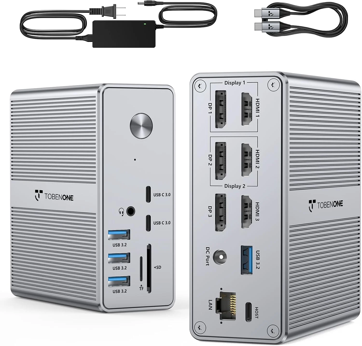 داک استیشن DisplayLink TobenONE با آداپتور برق 120 واتی UK، نمایشگر سه گانه 4K برای MacBook Pro/Air، Thunderbolt 5/4/3، USB-C Windows (3X HDMI 3X DisplayPort 2xUSB-C 4xUSB 3.2 SD/TF)