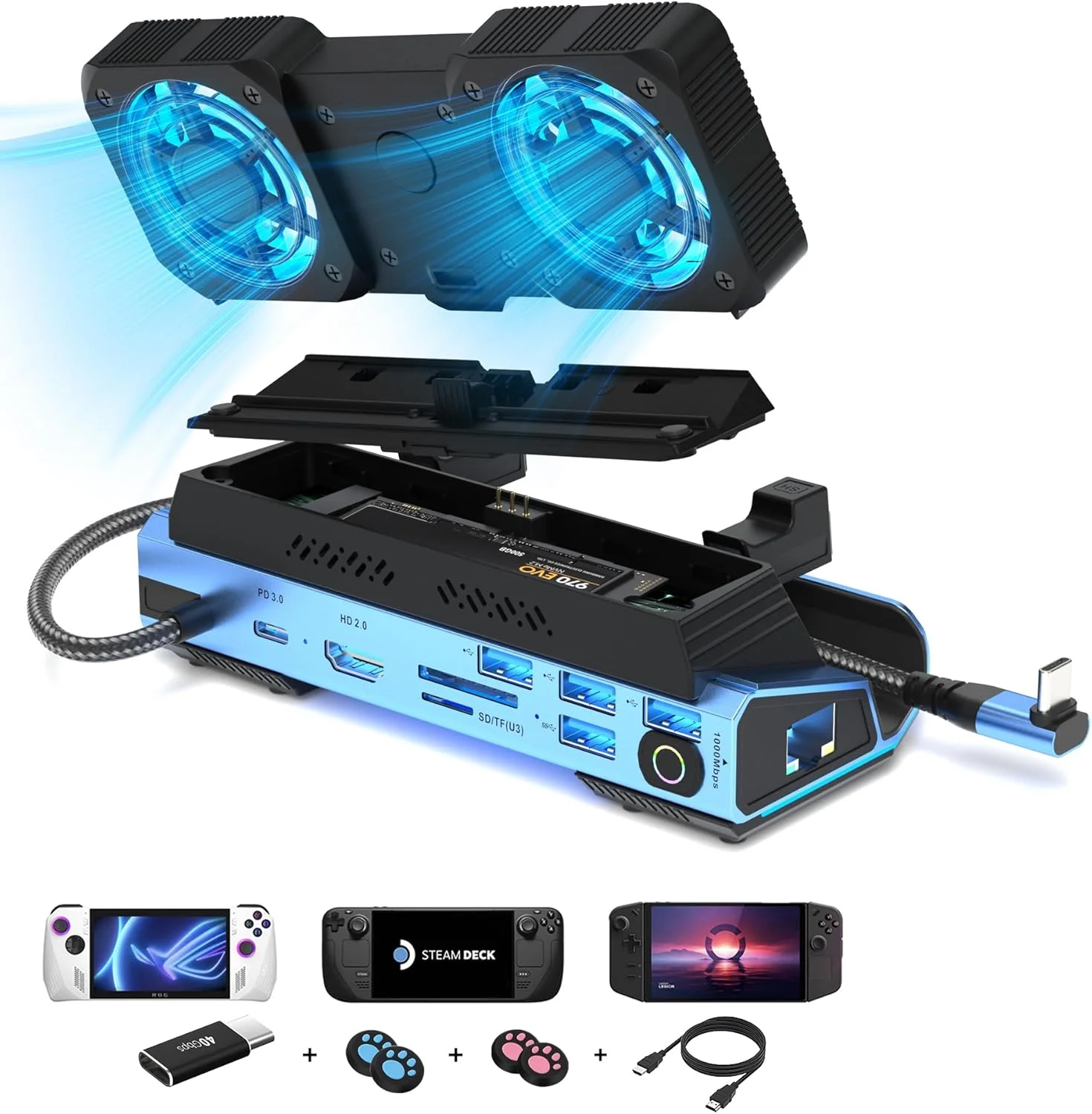 ایستگاه اتصال 14 در 1 برای Legion Go، ROG Ally و Steam Deck، تاشو، دارای 2 دریچه تهویه، خنک کننده، جعبه M.2 NVMe، خروجی 4K@60Hz، 4 پورت USB، شارژ 100W PD، اترنت گیگابیتی، سازگار. ایستگاه اتصال 14 در 1 برای Legion Go، ROG Ally و Steam Deck، تاشو، دارای 2 دریچه تهویه، خنک کننده، جعبه M.2 NVMe، خروجی 4K@60Hz، 4 پورت USB، شارژ 100W PD، اترنت گیگابیتی، سازگار.