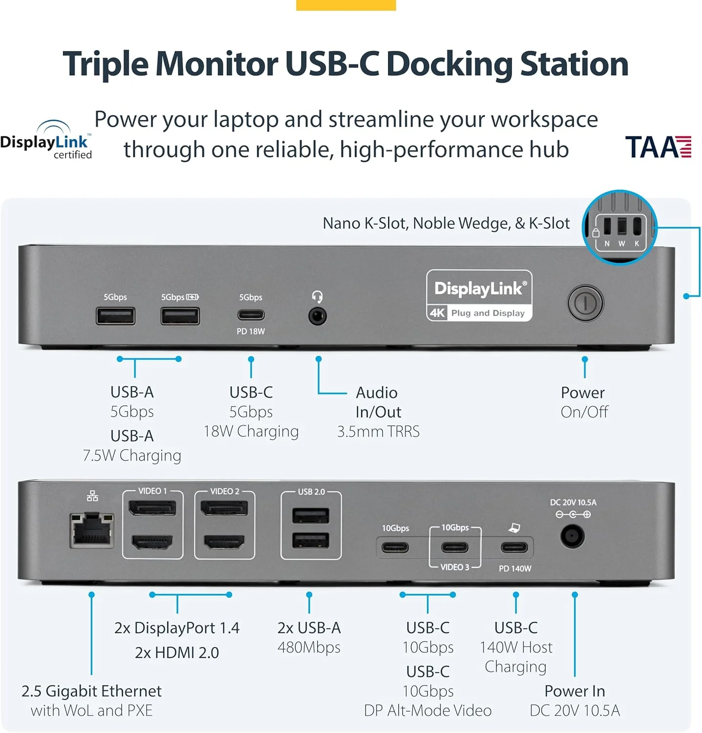 داک استیشن USB-C سه مانیتوره StarTech.com، داک شارژ لپ تاپ 140 واتی برای مک بوک پرو و ویندوز، 4K 60 هرتز، TAA داک استیشن USB-C سه مانیتوره StarTech.com، داک شارژ لپ تاپ 140 واتی برای مک بوک پرو و ویندوز، 4K 60 هرتز، TAA