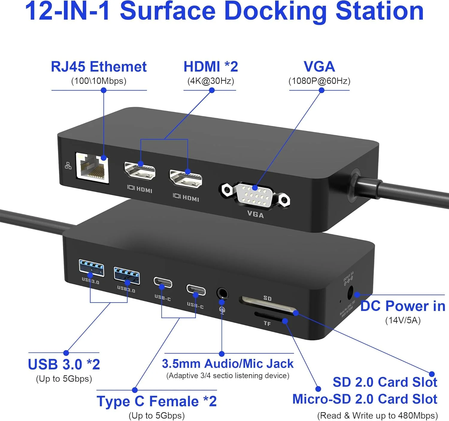 داک سرفیس با قابلیت اتصال سه نمایشگر، ایستگاه اتصال 12 در 1 مایکروسافت سرفیس با 2 پورت HDMI+VGA+Ethernet برای سرفیس پرو 10/9/8/X/7/6/5/4/3، سرفیس لپ تاپ 5/4/3/2/1، سرفیس لپ تاپ گو 3/2/1، سرفیس بوک 3/2/1 داک سرفیس با قابلیت اتصال سه نمایشگر، ایستگاه اتصال 12 در 1 مایکروسافت سرفیس با 2 پورت HDMI+VGA+Ethernet برای سرفیس پرو 10/9/8/X/7/6/5/4/3، سرفیس لپ تاپ 5/4/3/2/1، سرفیس لپ تاپ گو 3/2/1، سرفیس بوک 3/2/1