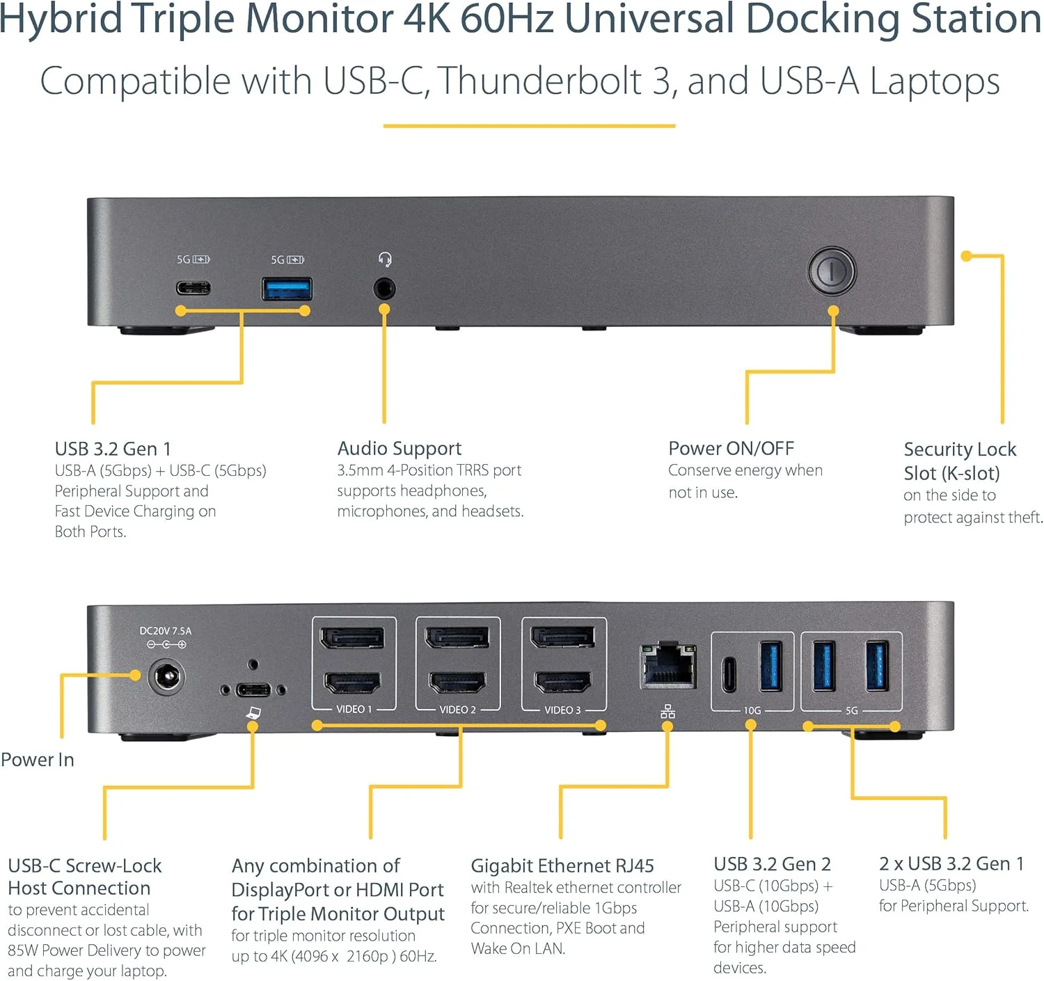 داک USB-C و USB-A استار تک - داکینگ استیشن هیبریدی یونیورسال سه مانیتوره برای لپ تاپ با DisplayPort و HDMI 4K 60Hz - تحویل برق 85W، هاب 6 پورت USB، GbE، صدا - USB 3.1 Gen 2 10Gbps (DK31C3HDPD) داک USB-C و USB-A استار تک - داکینگ استیشن هیبریدی یونیورسال سه مانیتوره برای لپ تاپ با DisplayPort و HDMI 4K 60Hz - تحویل برق 85W، هاب 6 پورت USB، GbE، صدا - USB 3.1 Gen 2 10Gbps (DK31C3HDPD)