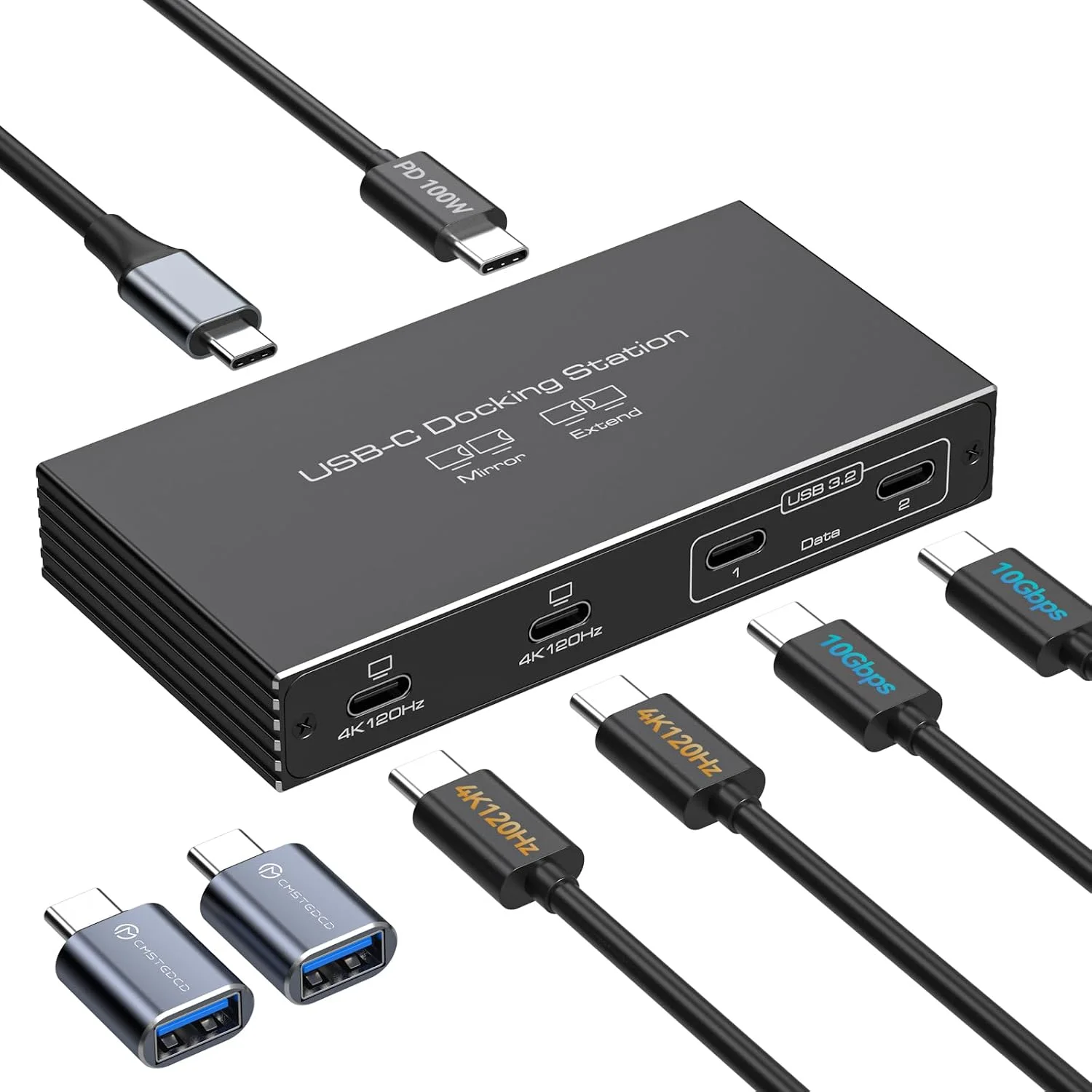 آداپتور اسپلیتر USB C دو مانیتوره 4K120Hz، هاب USB C شش در یک با خروجی ویدئو DP Alt Mode، انتقال داده 10 گیگابیت بر ثانیه، شارژ 100 واتی PD برای لپ تاپ و مانیتور قابل حمل، به همراه 1 کابل Type C