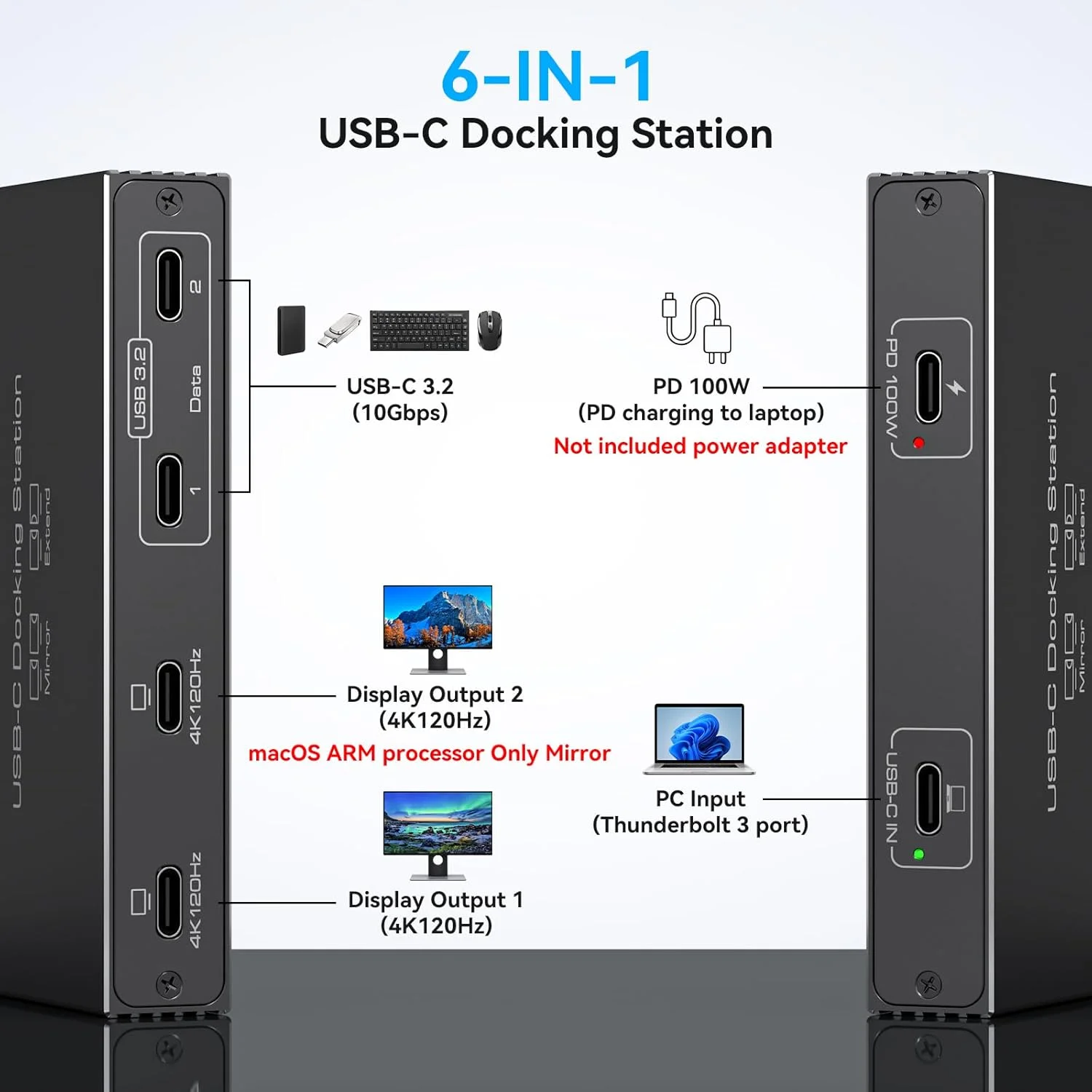 آداپتور اسپلیتر USB C دو مانیتوره 4K120Hz، هاب USB C شش در یک با خروجی ویدئو DP Alt Mode، انتقال داده 10 گیگابیت بر ثانیه، شارژ 100 واتی PD برای لپ تاپ و مانیتور قابل حمل، به همراه 1 کابل Type C - تصویر 2