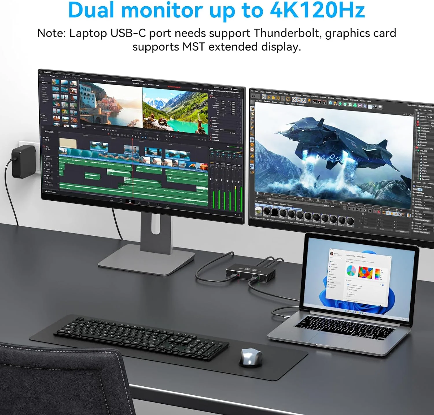 آداپتور اسپلیتر USB C دو مانیتوره 4K120Hz، هاب USB C شش در یک با خروجی ویدئو DP Alt Mode، انتقال داده 10 گیگابیت بر ثانیه، شارژ 100 واتی PD برای لپ تاپ و مانیتور قابل حمل، به همراه 1 کابل Type C - تصویر 3